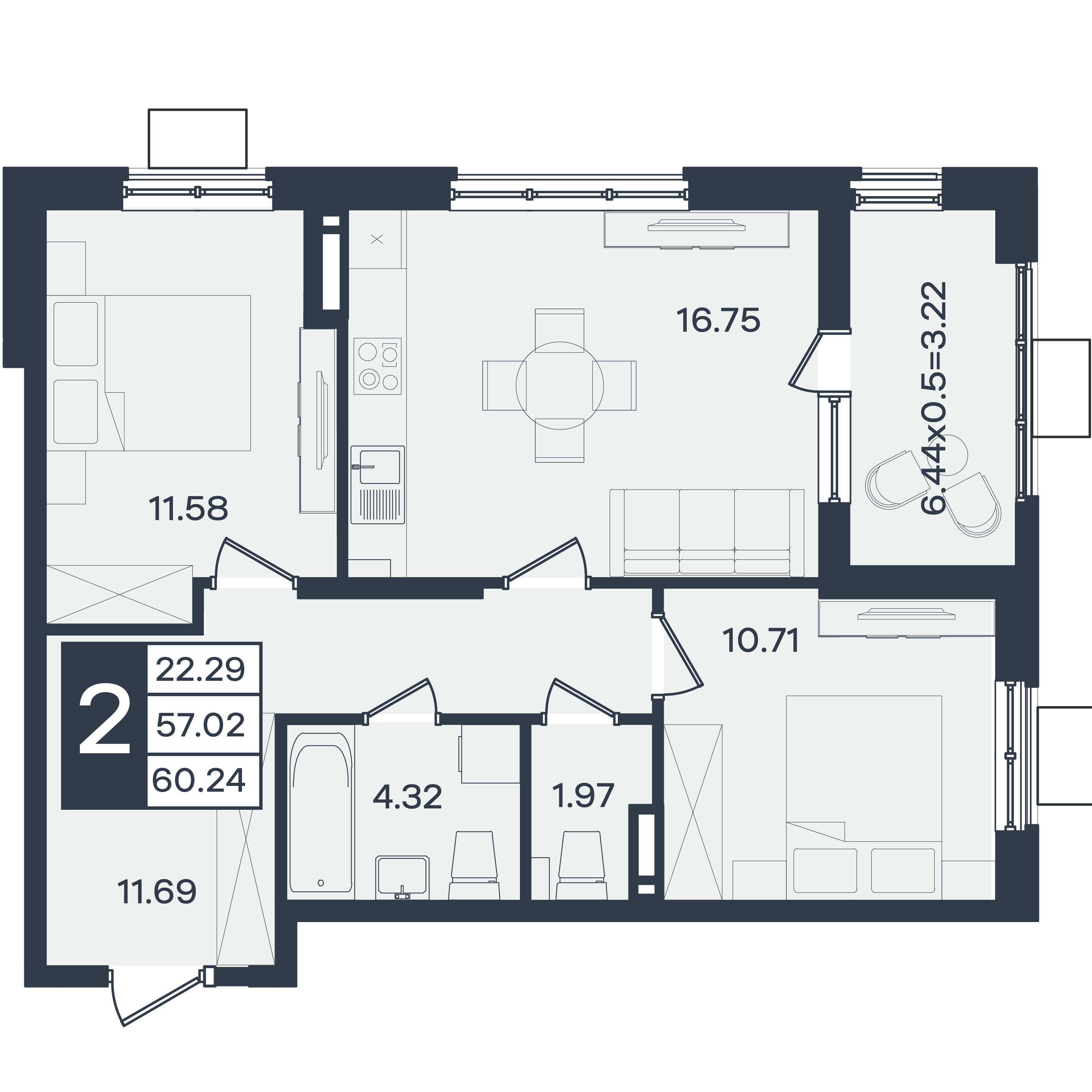 Планировка: 2-комн. квартира 60,2 м²