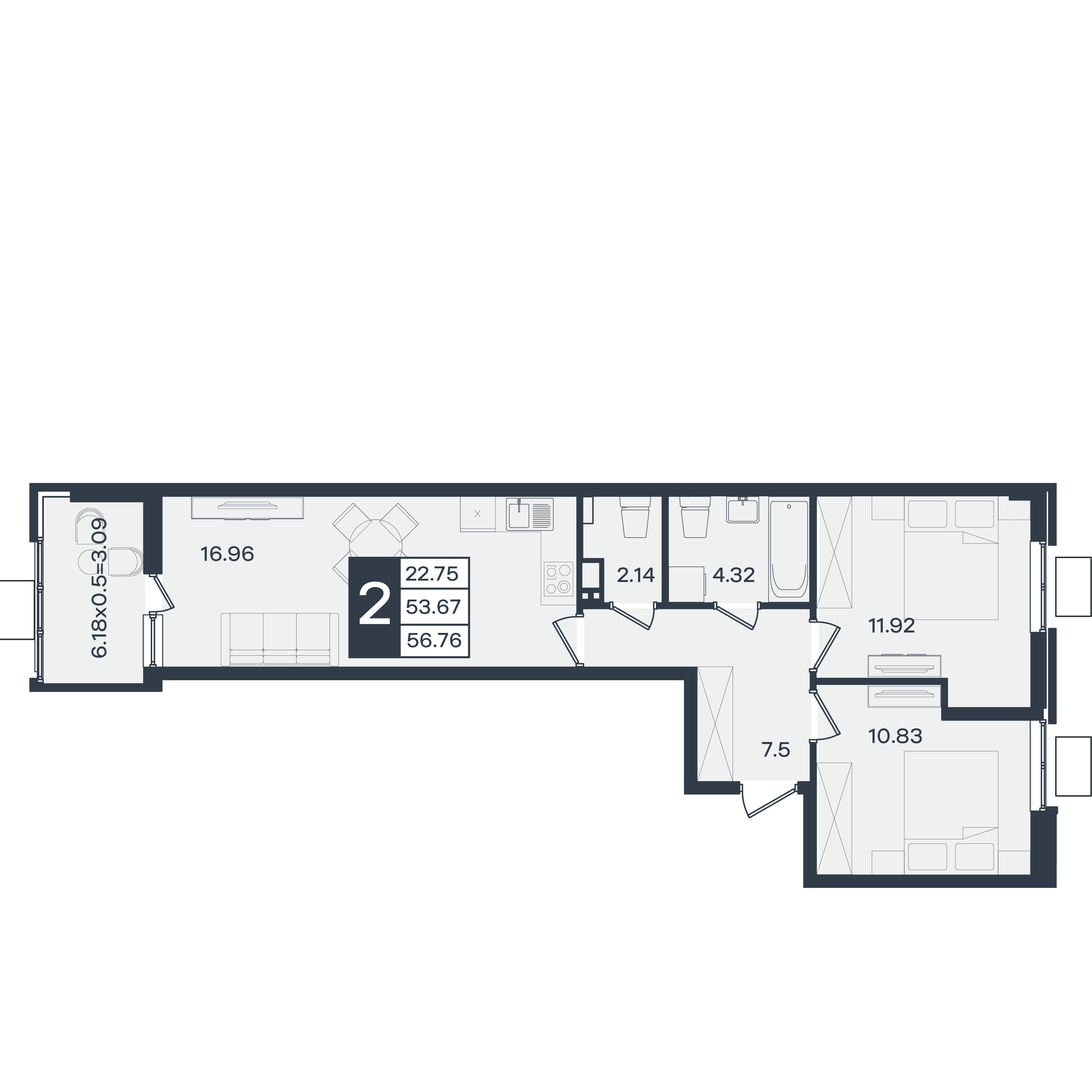 Планировка: 2-комн. квартира 56,8 м²