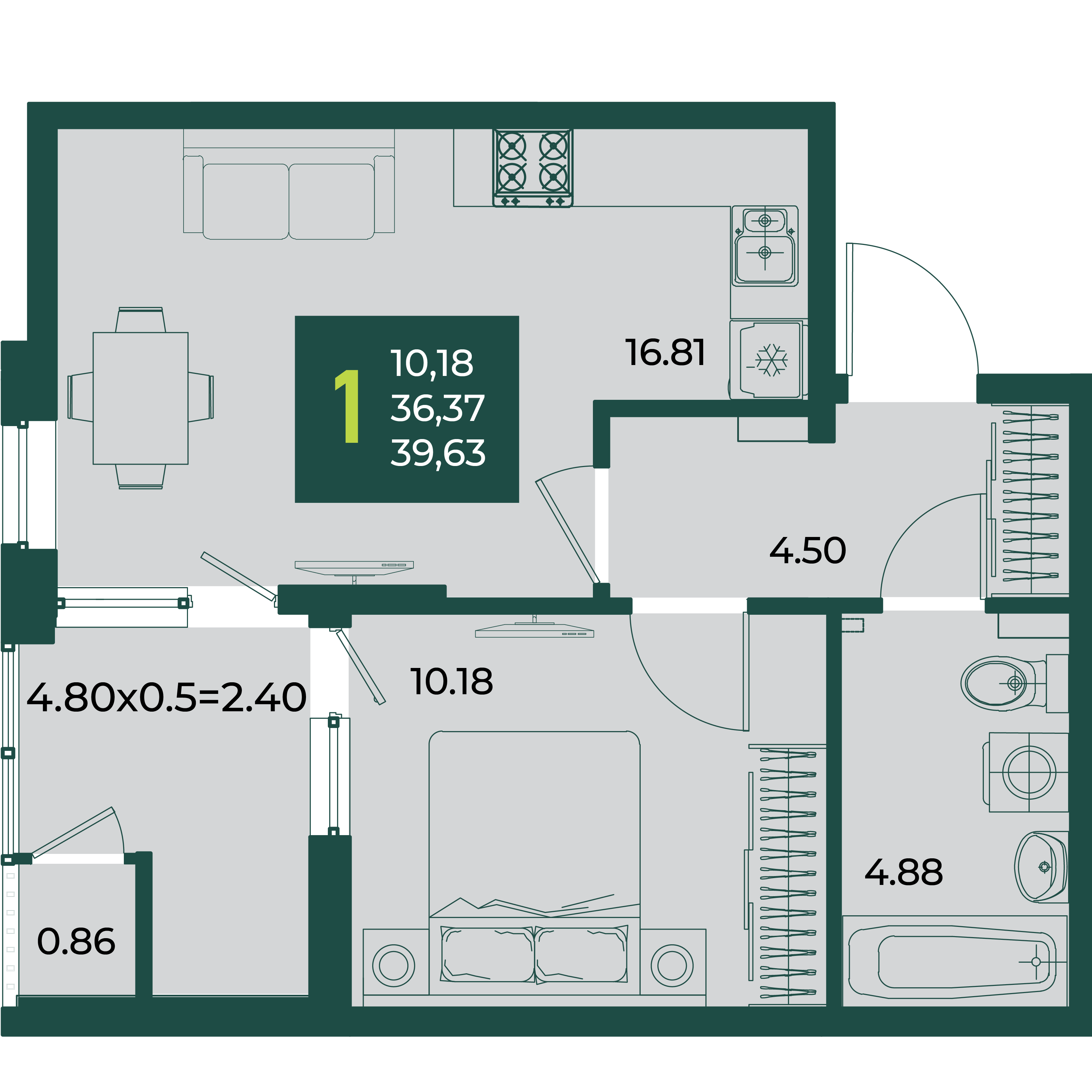 Планировка 1-комнатная 39,63 м²