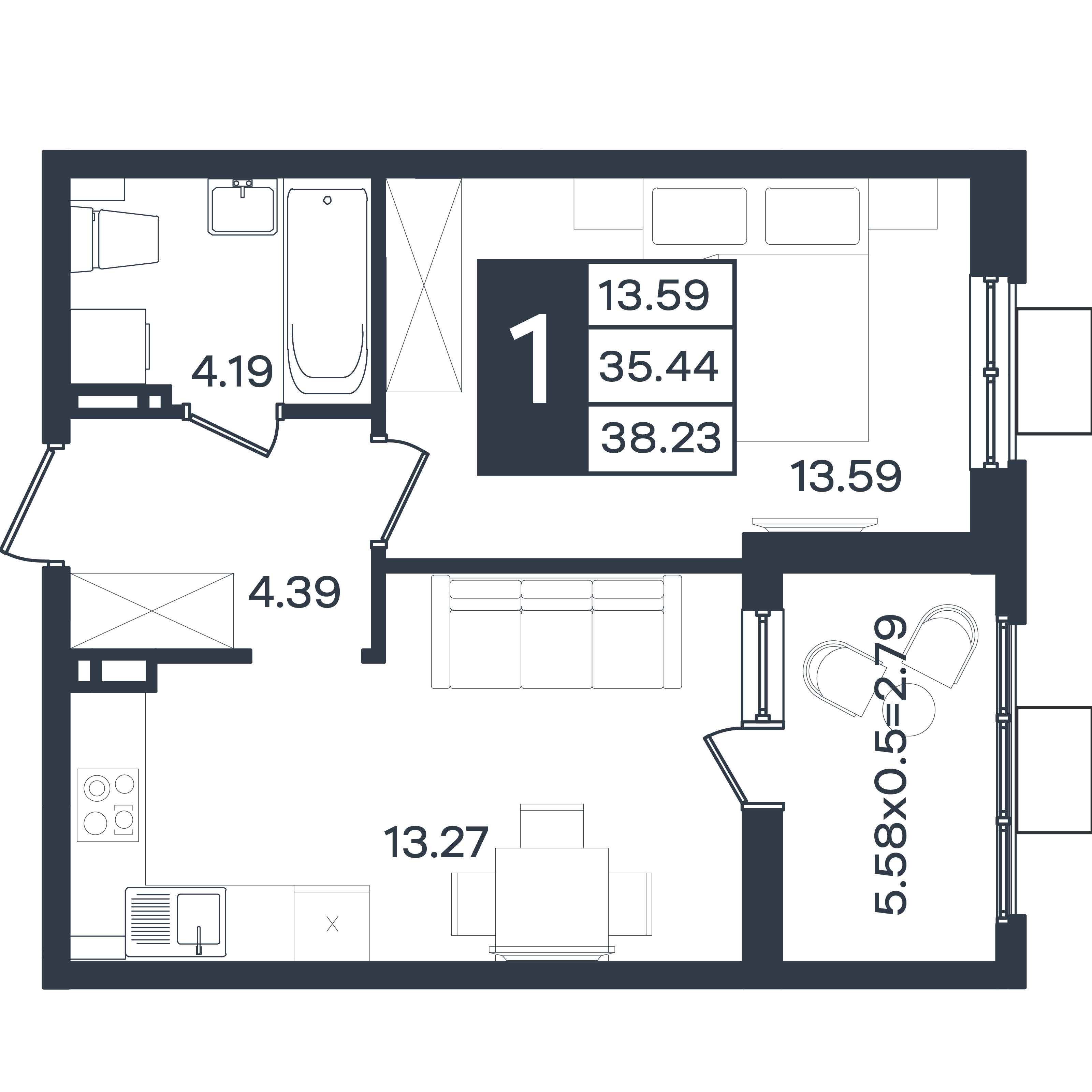Планировка: 1-комн. квартира 38,2 м²