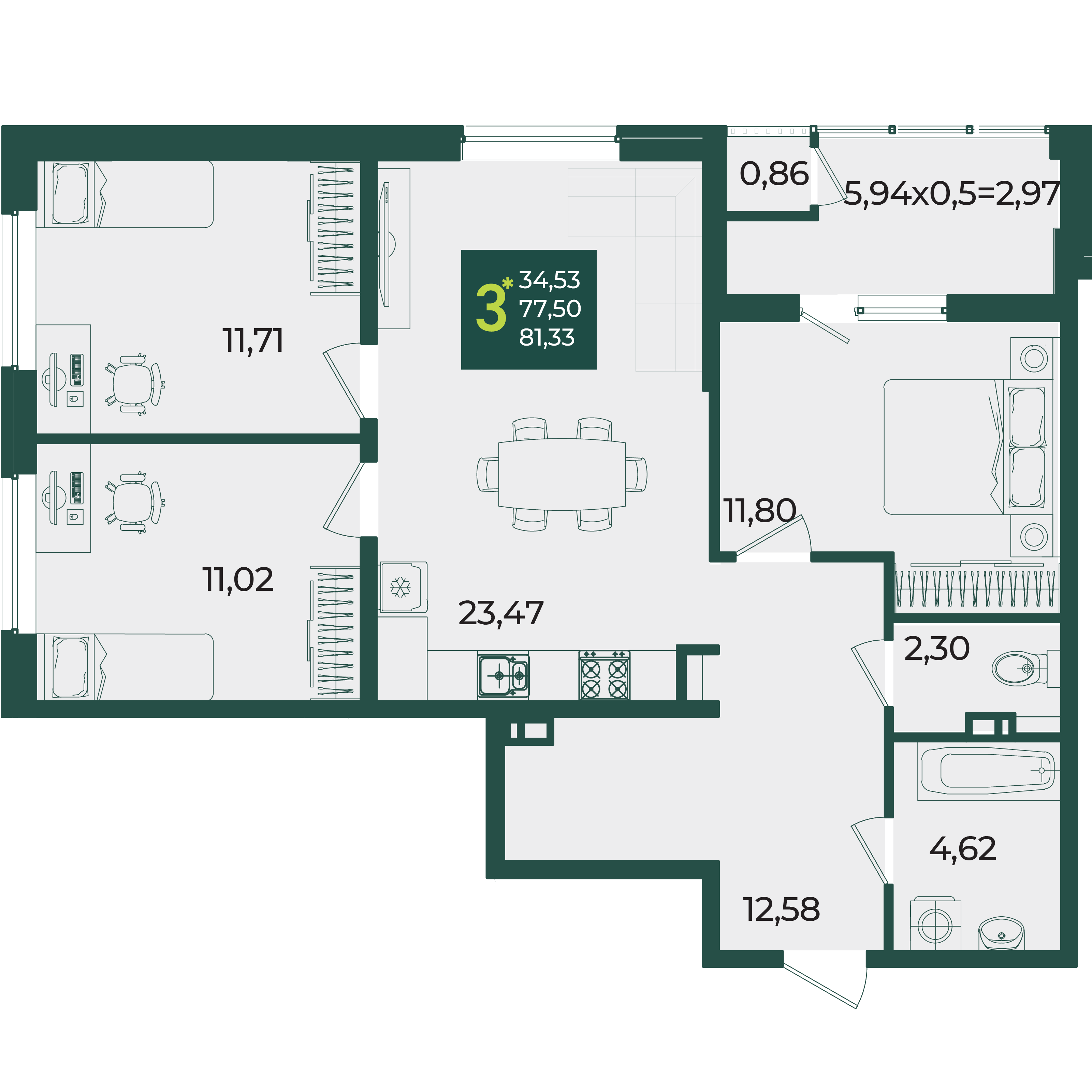 Планировка: 3-комн. квартира 81,3 м²