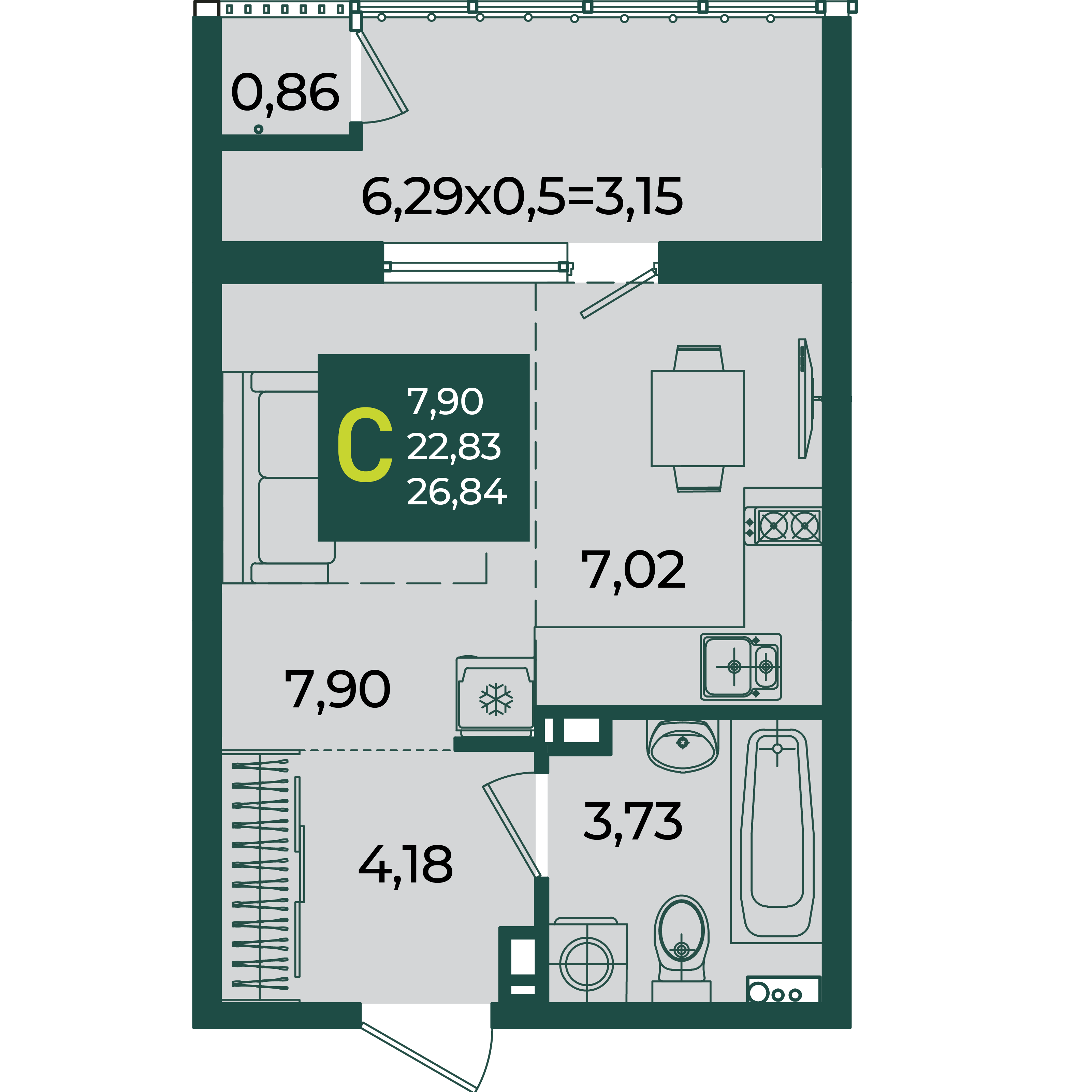 Планировка: Студия 26,8 м²