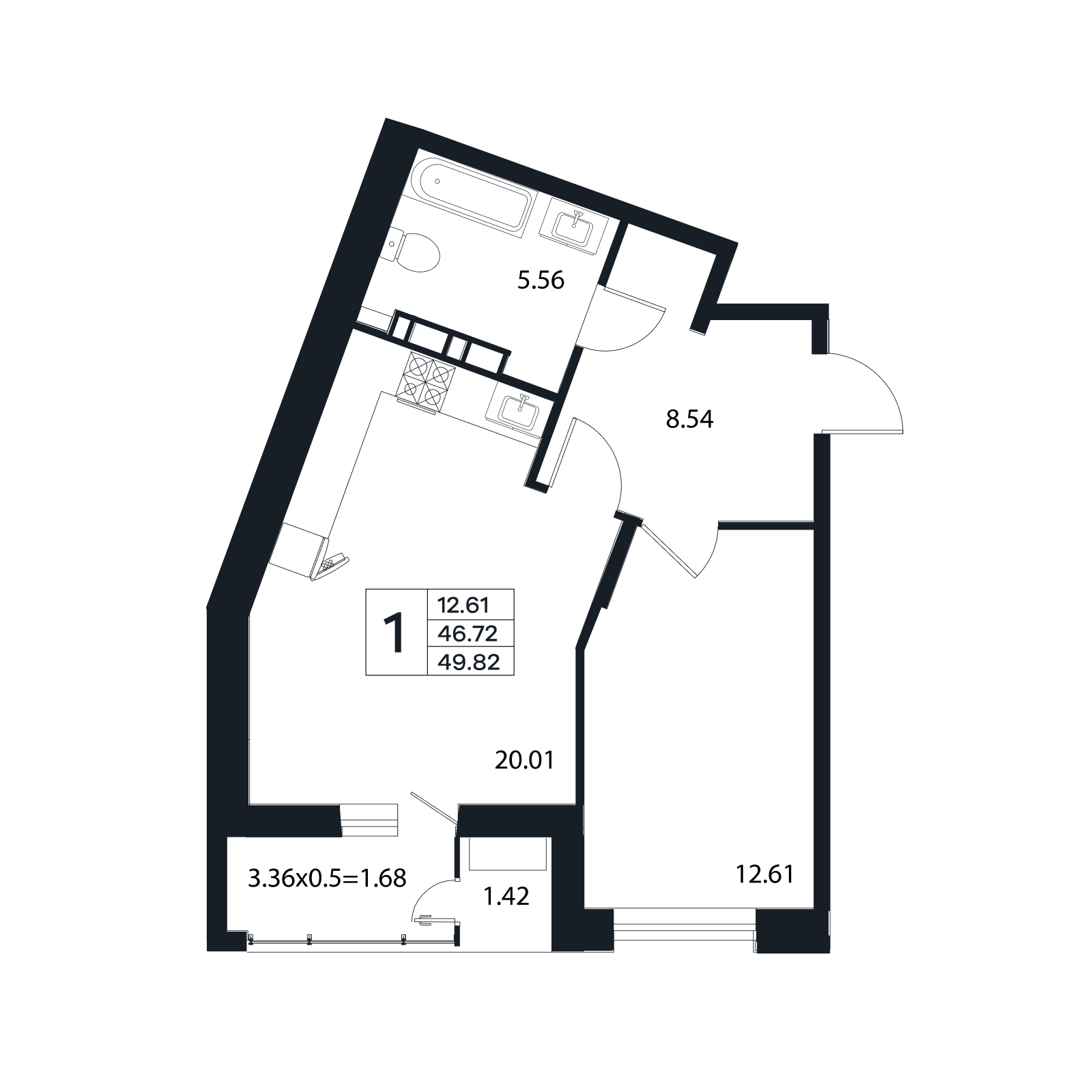 Планировка 1-комнатная 49,82 м²