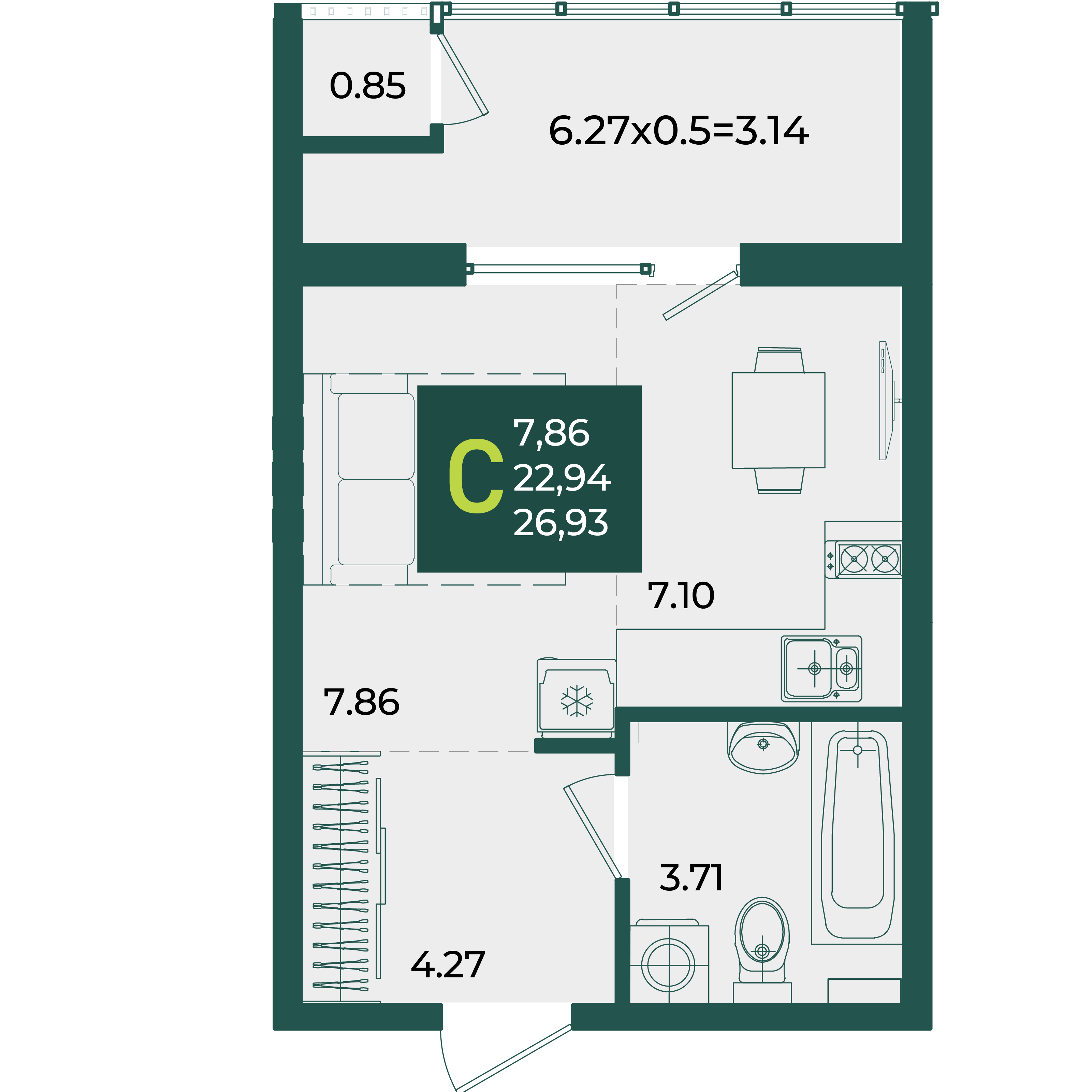 Планировка: Студия 26,9 м²