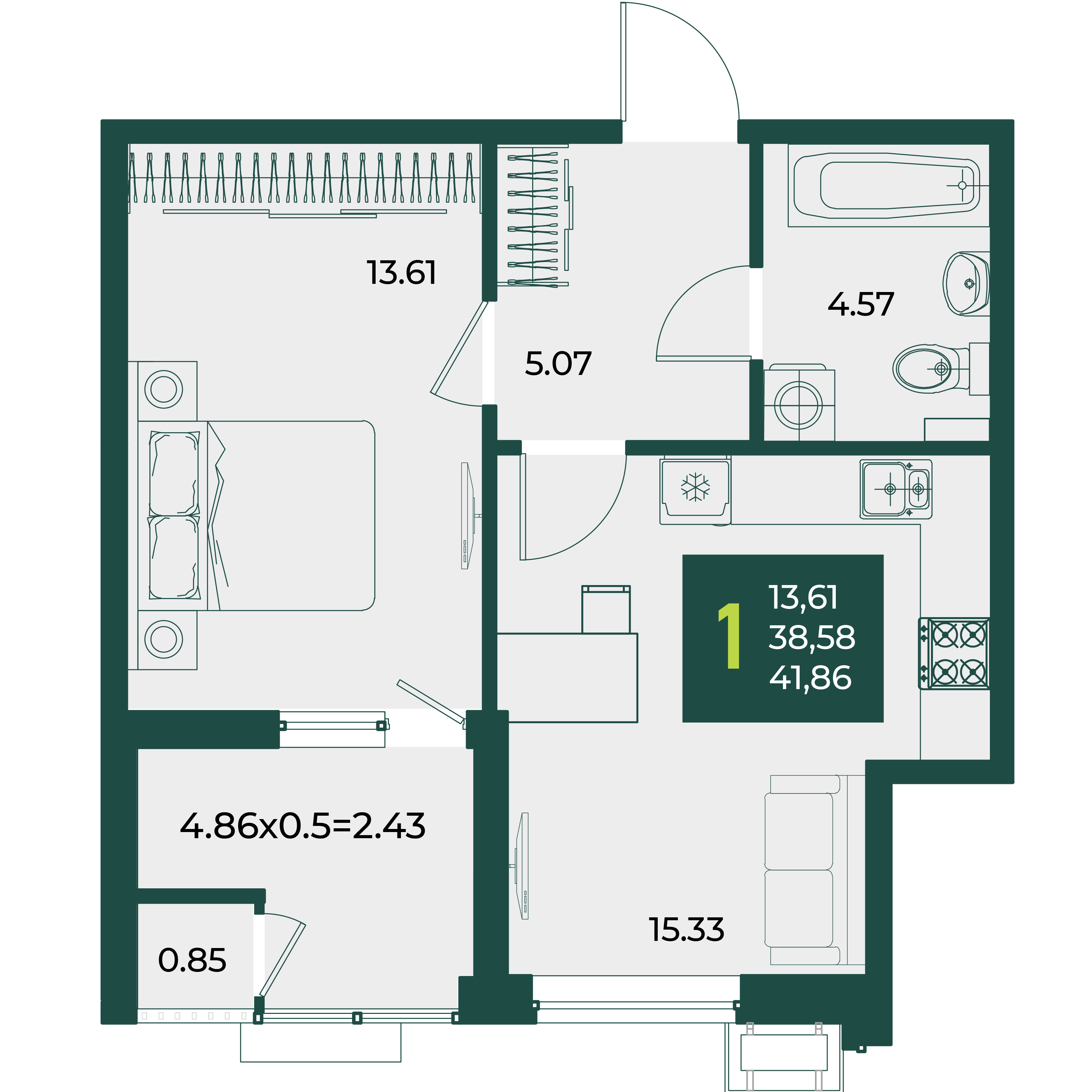 Планировка 1-комнатная 41,86 м²