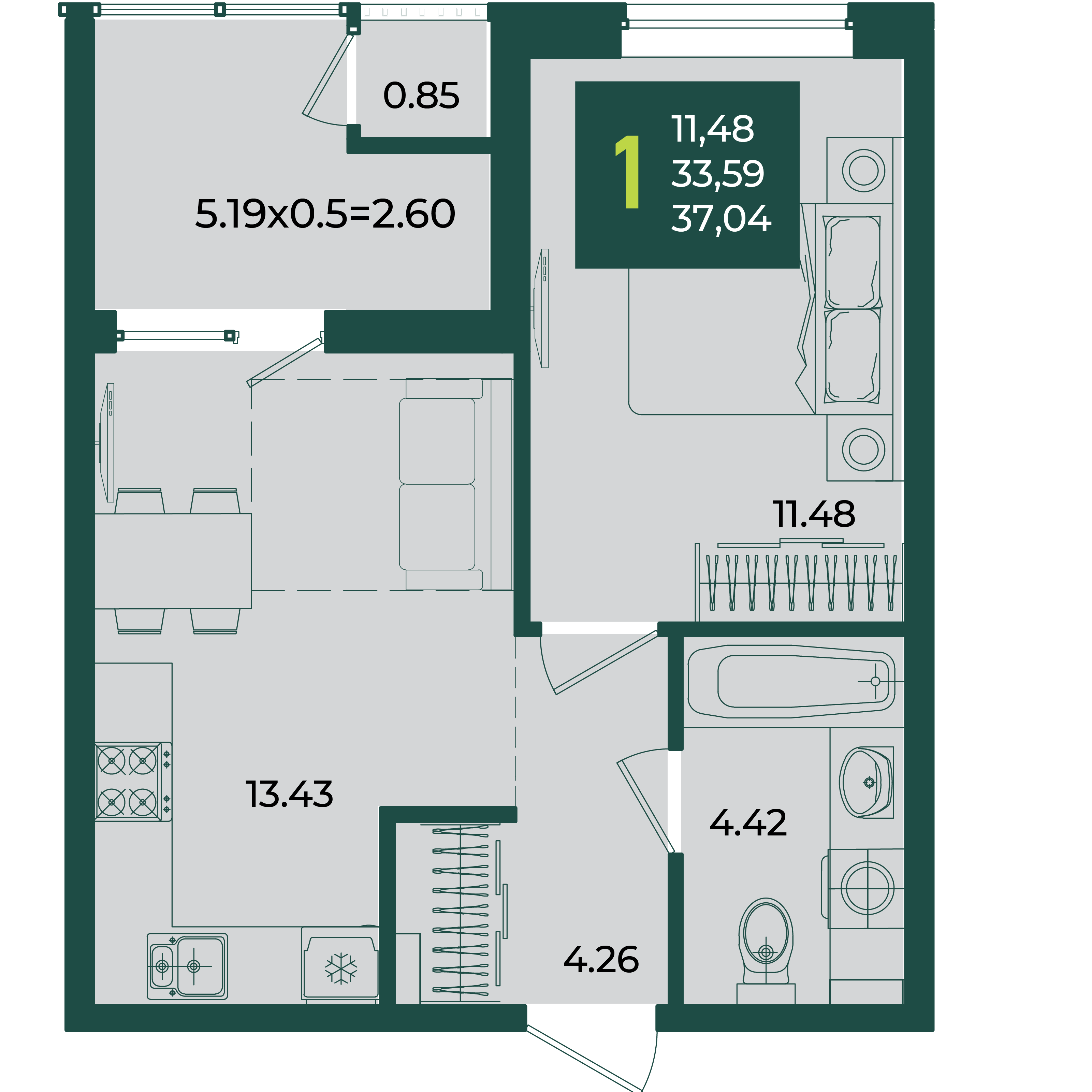 Планировка: 1-комн. квартира 37 м²