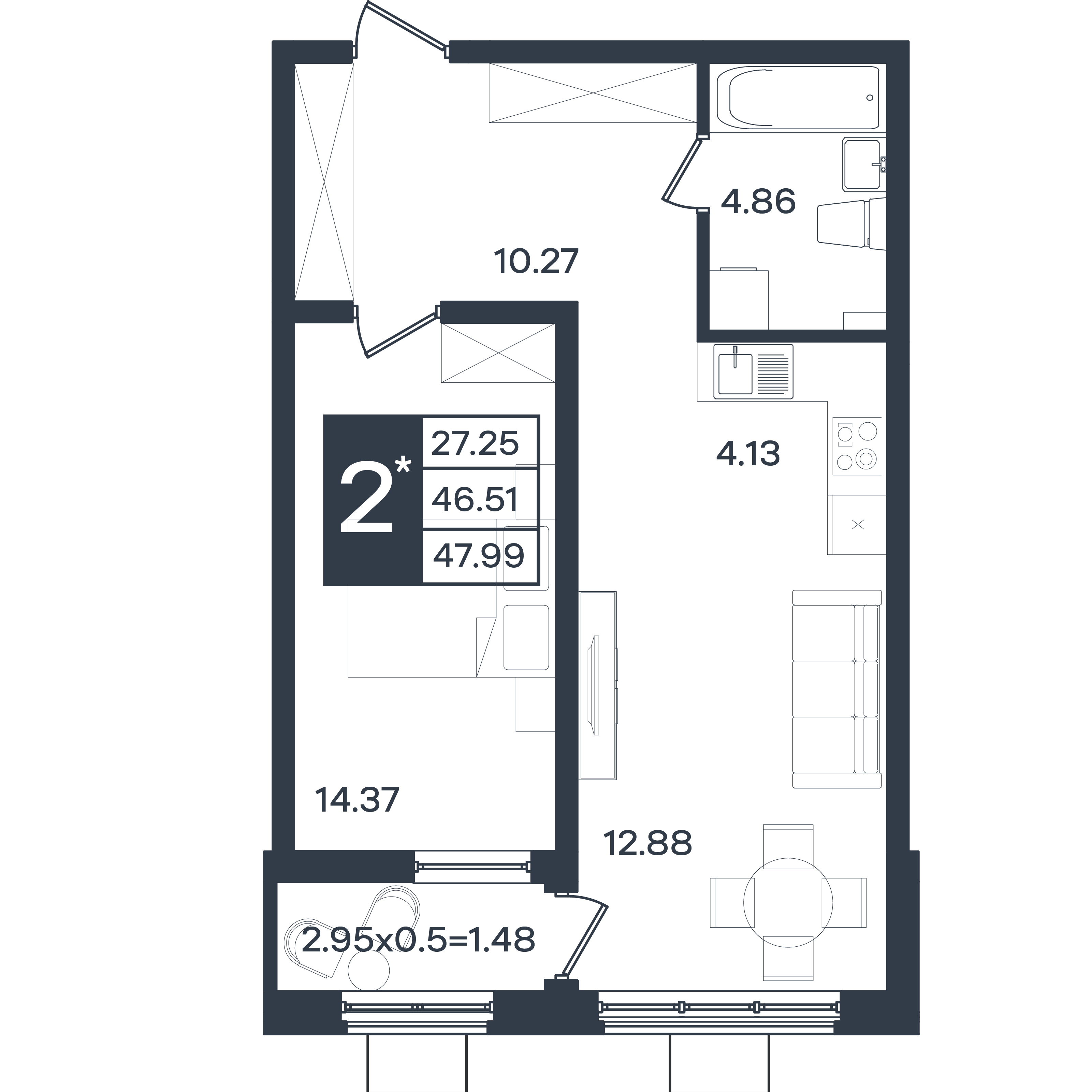 Планировка: 2-комн. квартира 48 м²