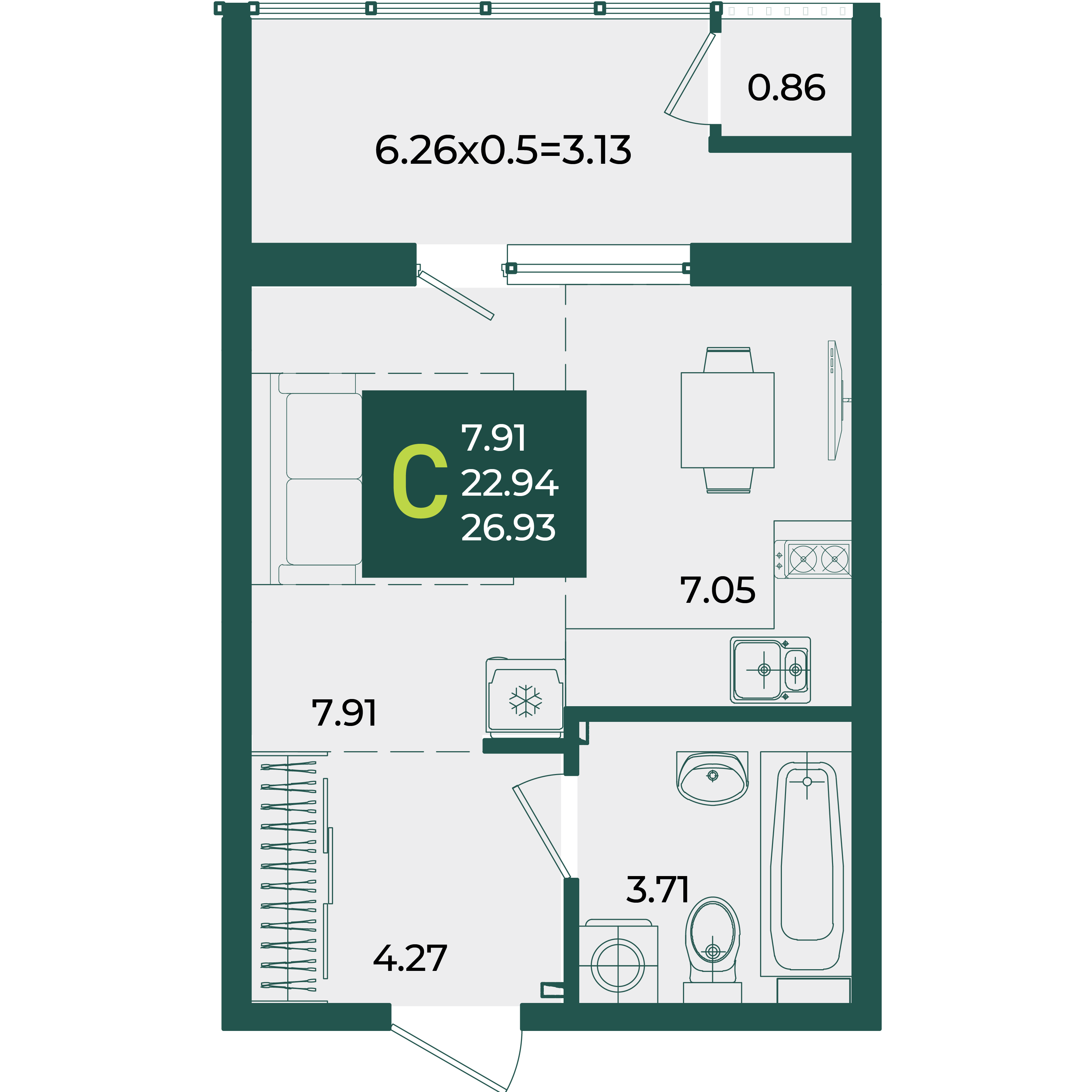 Планировка: Студия 26,9 м²