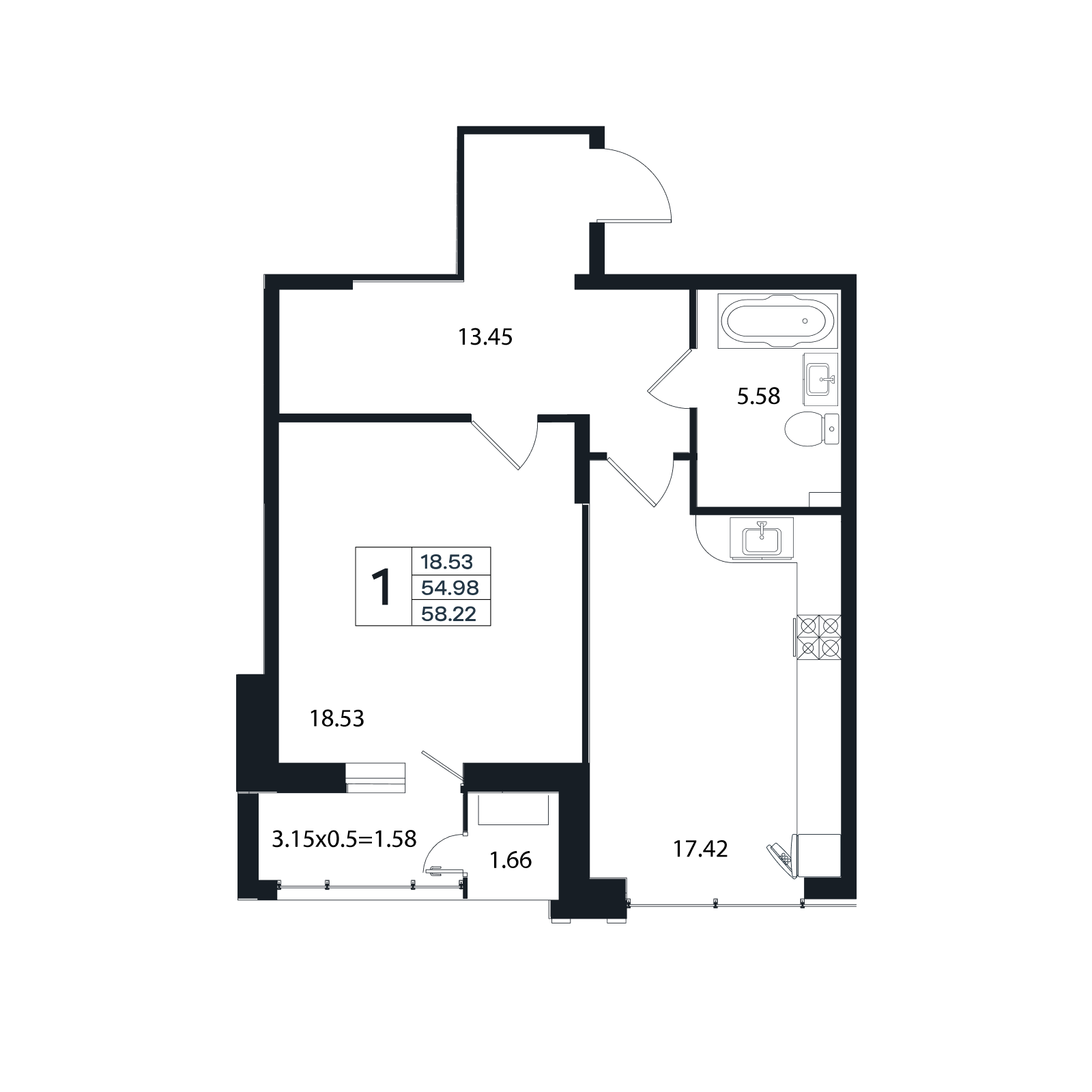Планировка 1-комнатная 58,22 м²