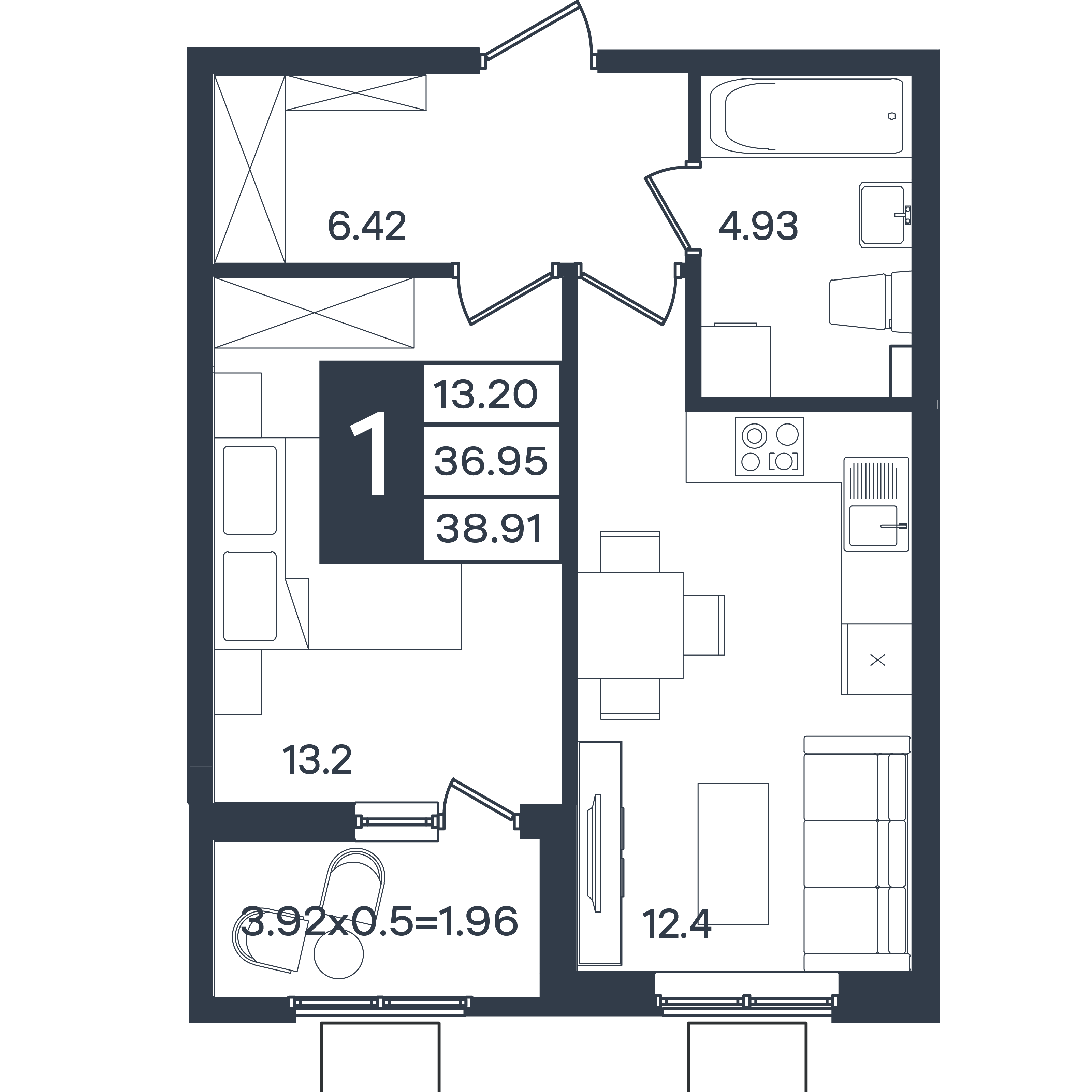 Планировка: 1-комн. квартира 38,9 м²