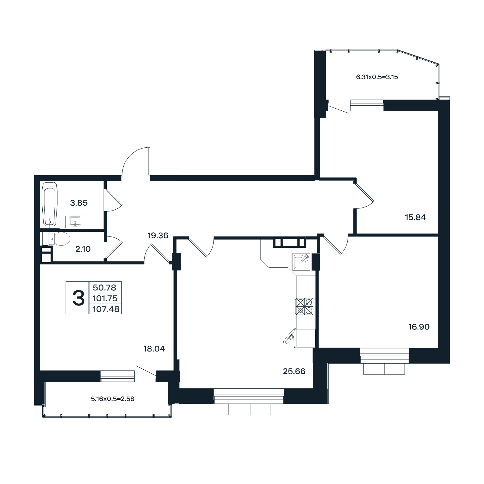 Планировка 3-комнатная 107,48 м²