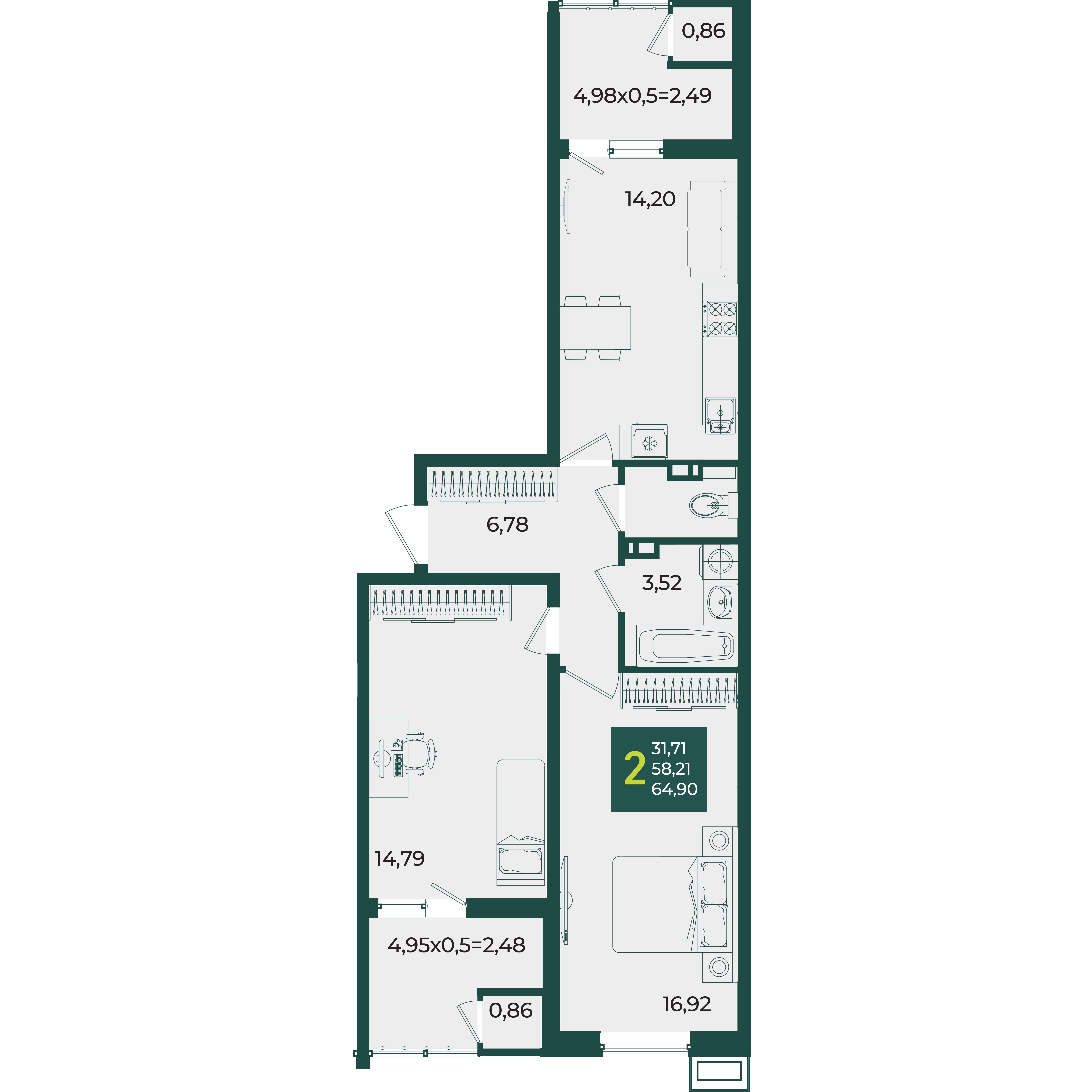 Планировка: 2-комн. квартира 64,9 м²