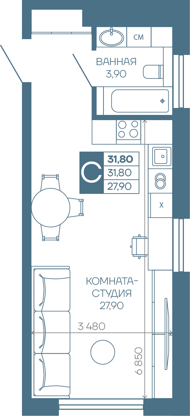 Планировка: Студия 31,8 м²