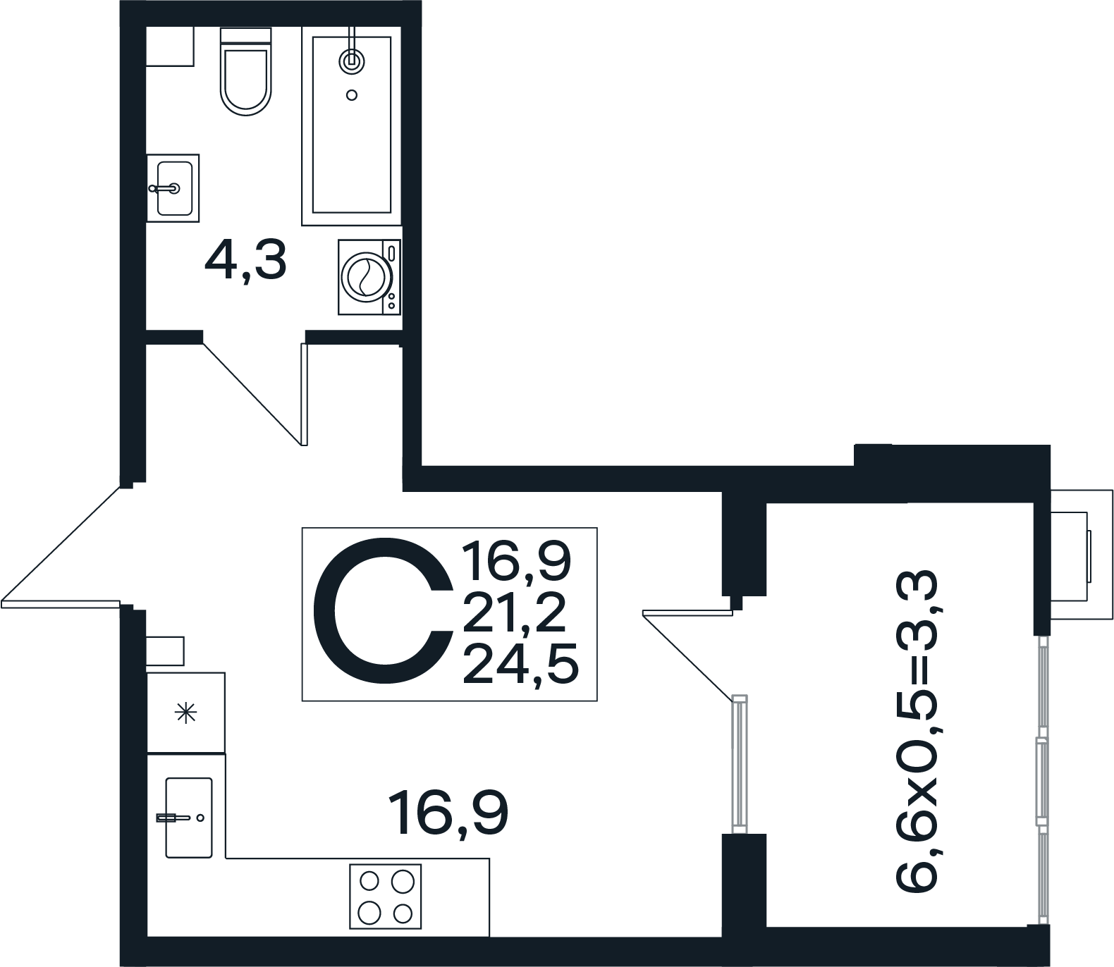 Планировка: Студия 24,5 м²