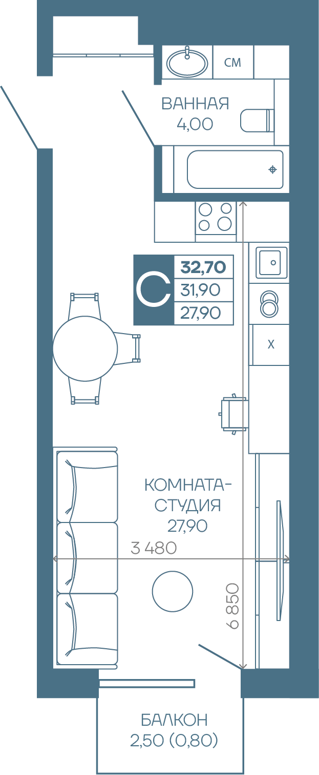 Планировка: Студия 32,7 м²