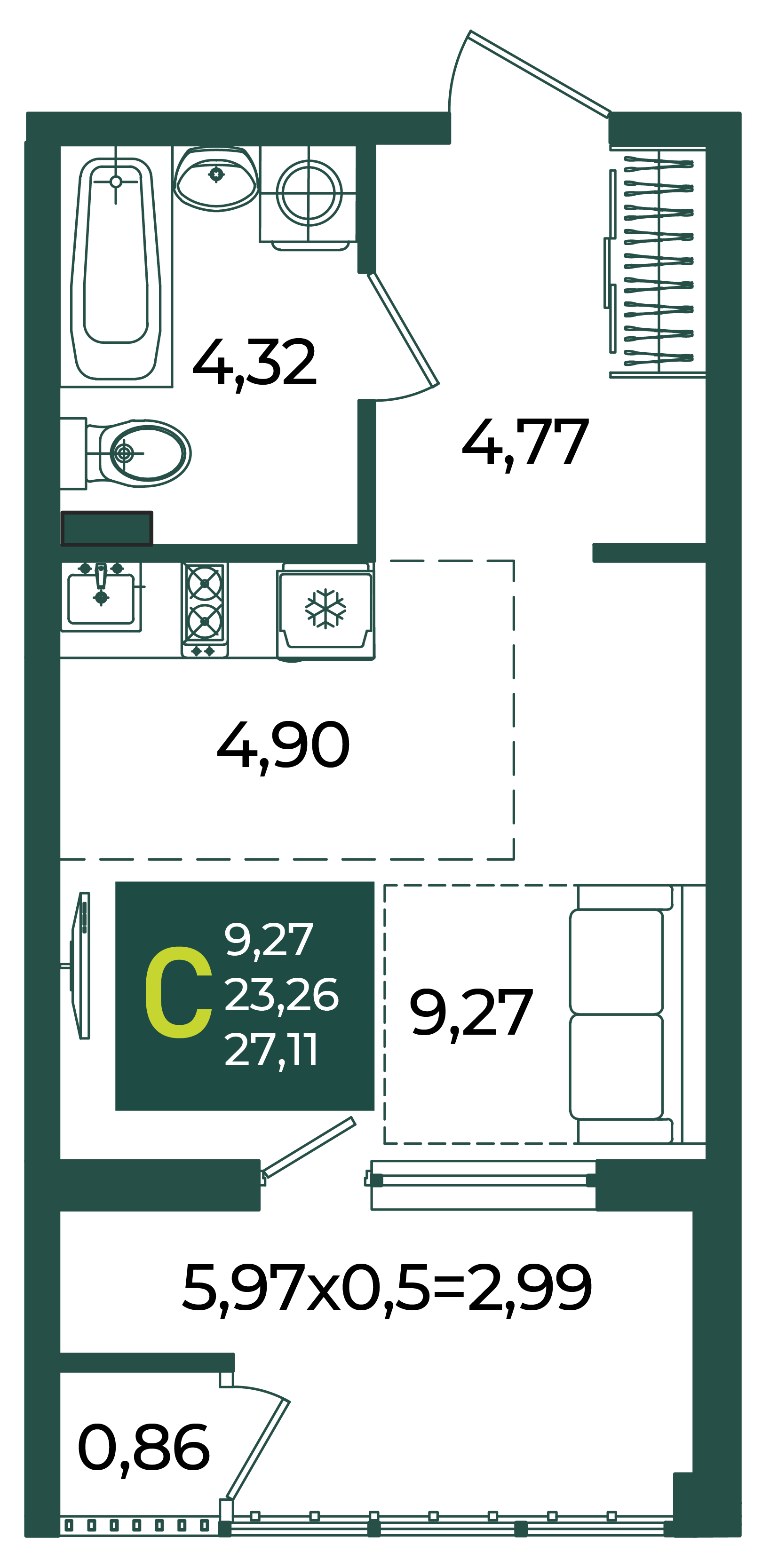 Планировка: Студия 27,1 м²