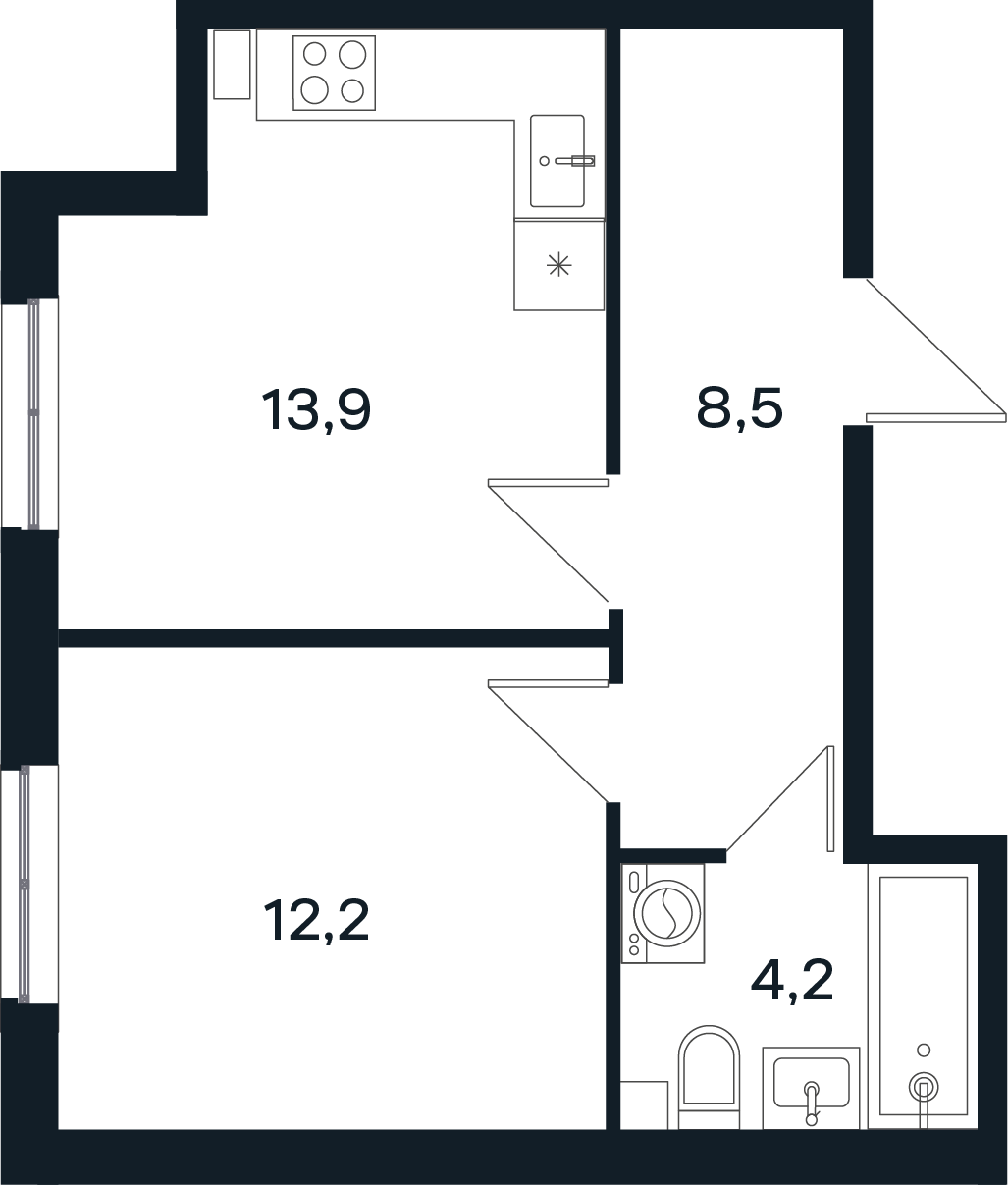 Планировка 1-комнатная 38,8 м²