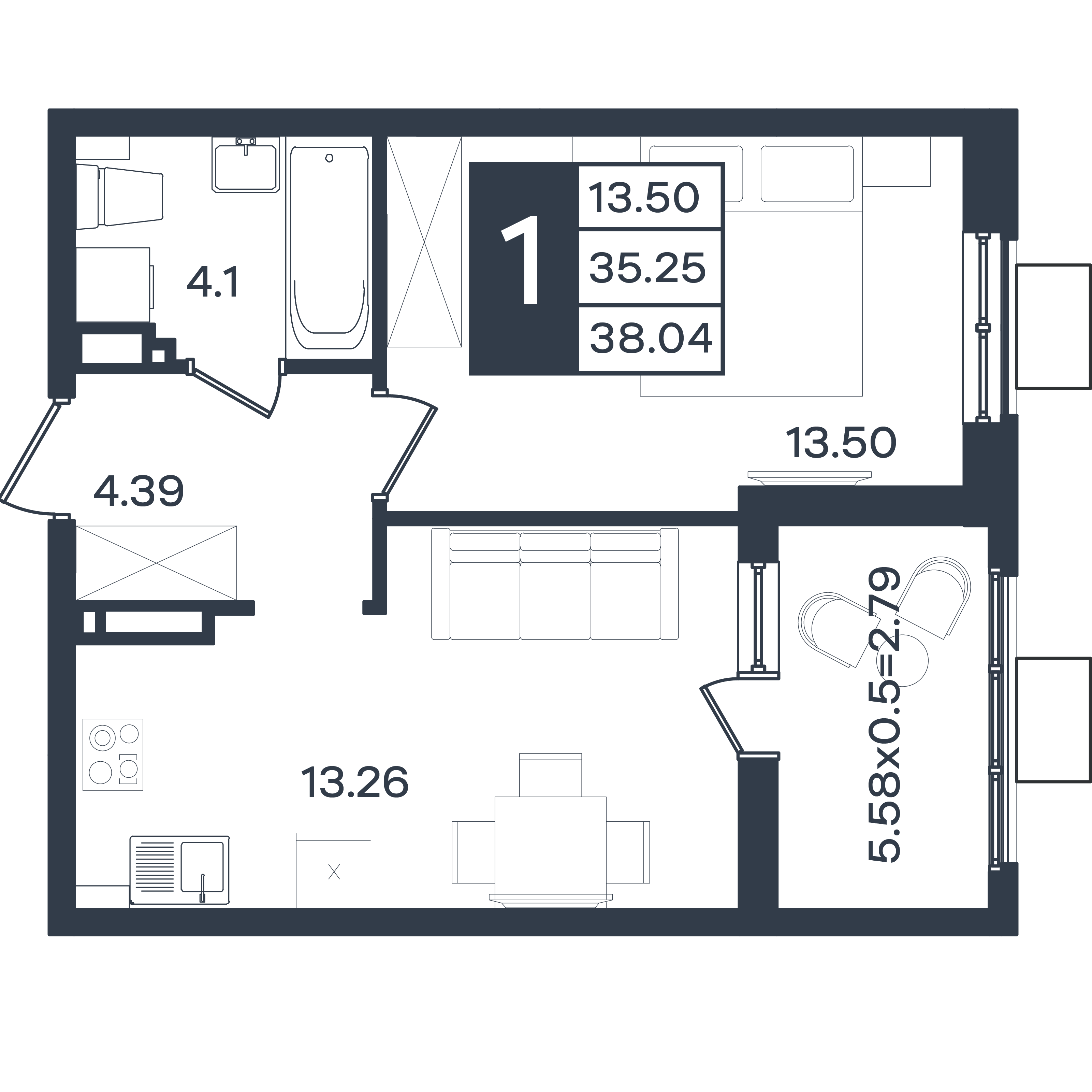 Планировка 1-комнатная 38,04 м²