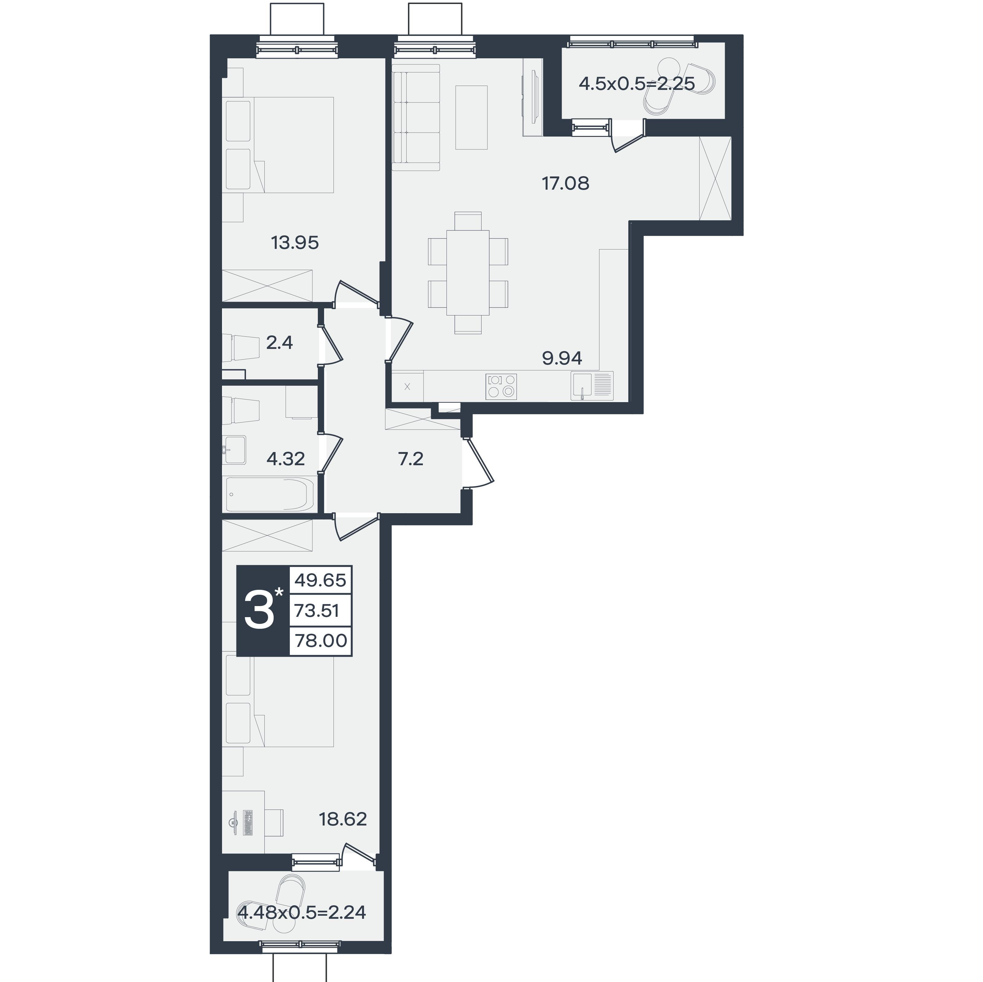 Планировка 3-комнатная 78 м²