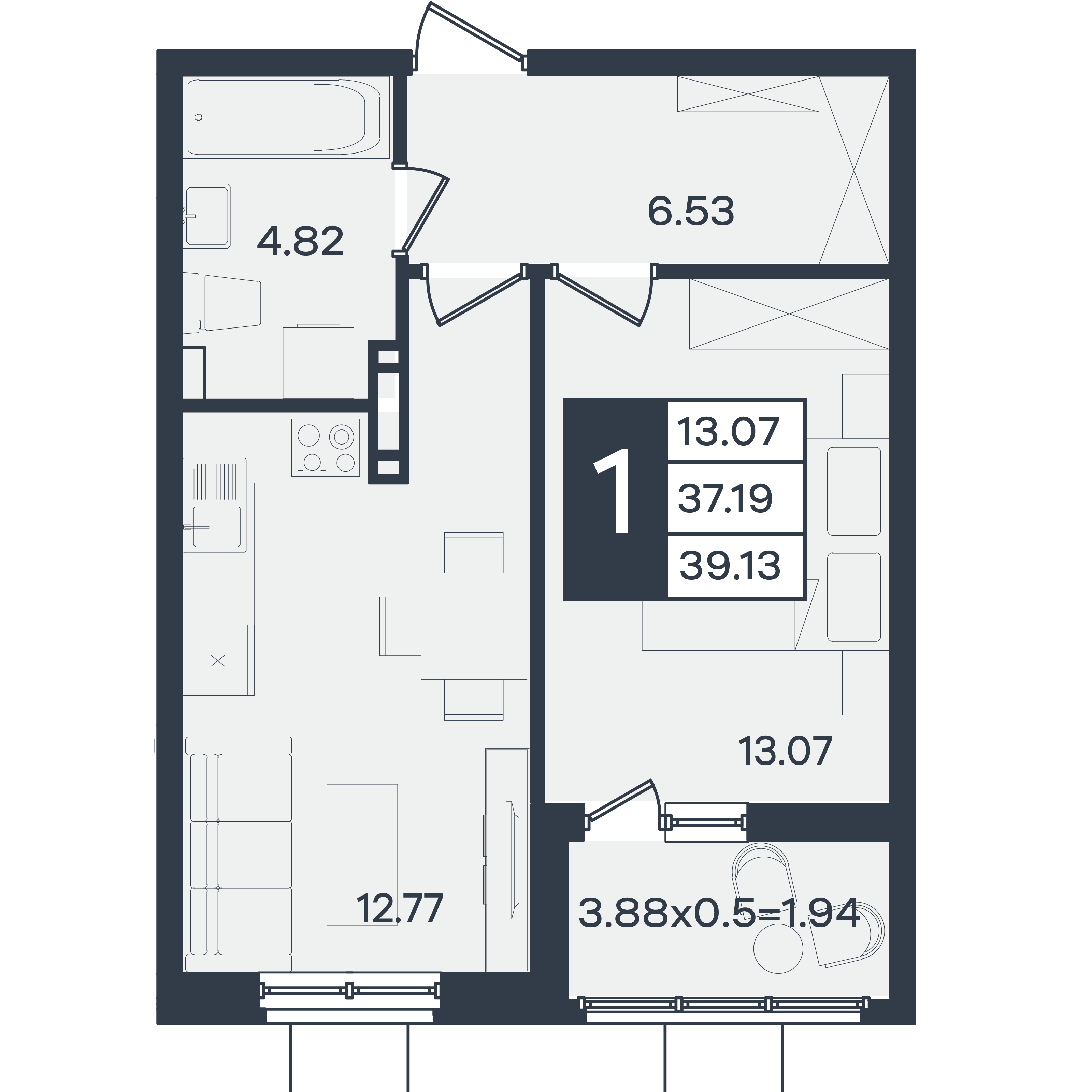 Планировка: 1-комн. квартира 39,1 м²