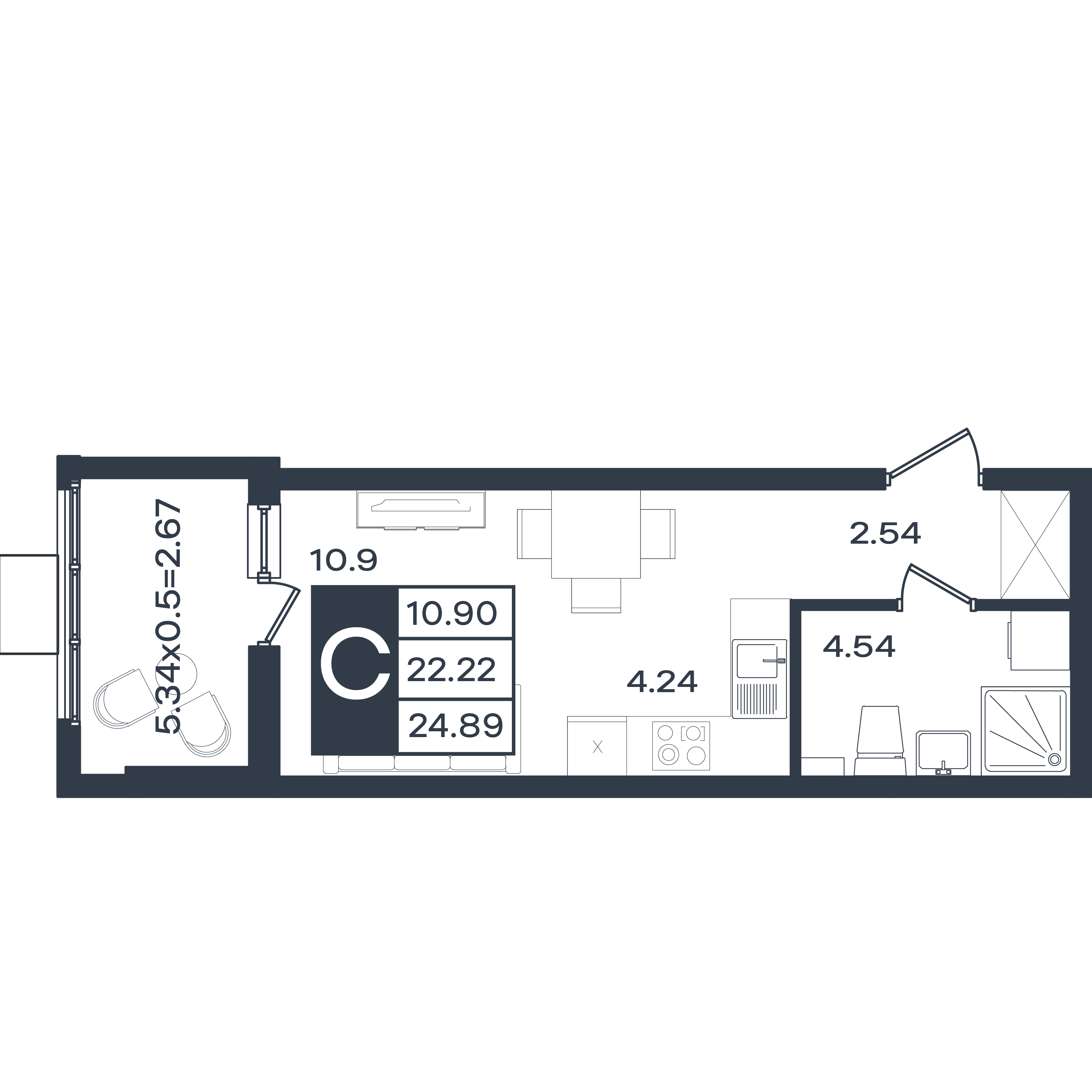 Планировка: Студия 24,9 м²