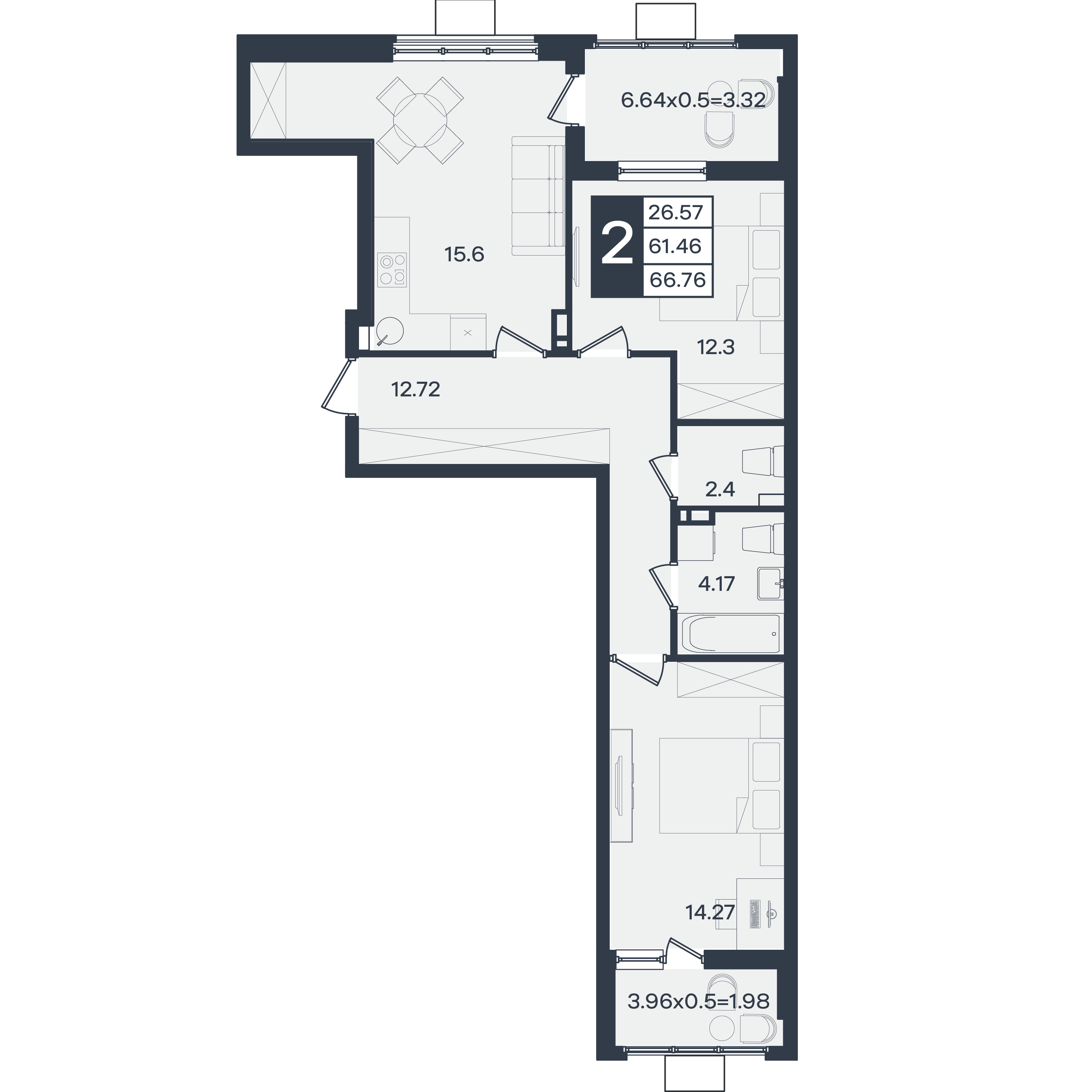 Планировка: 2-комн. квартира 66,8 м²