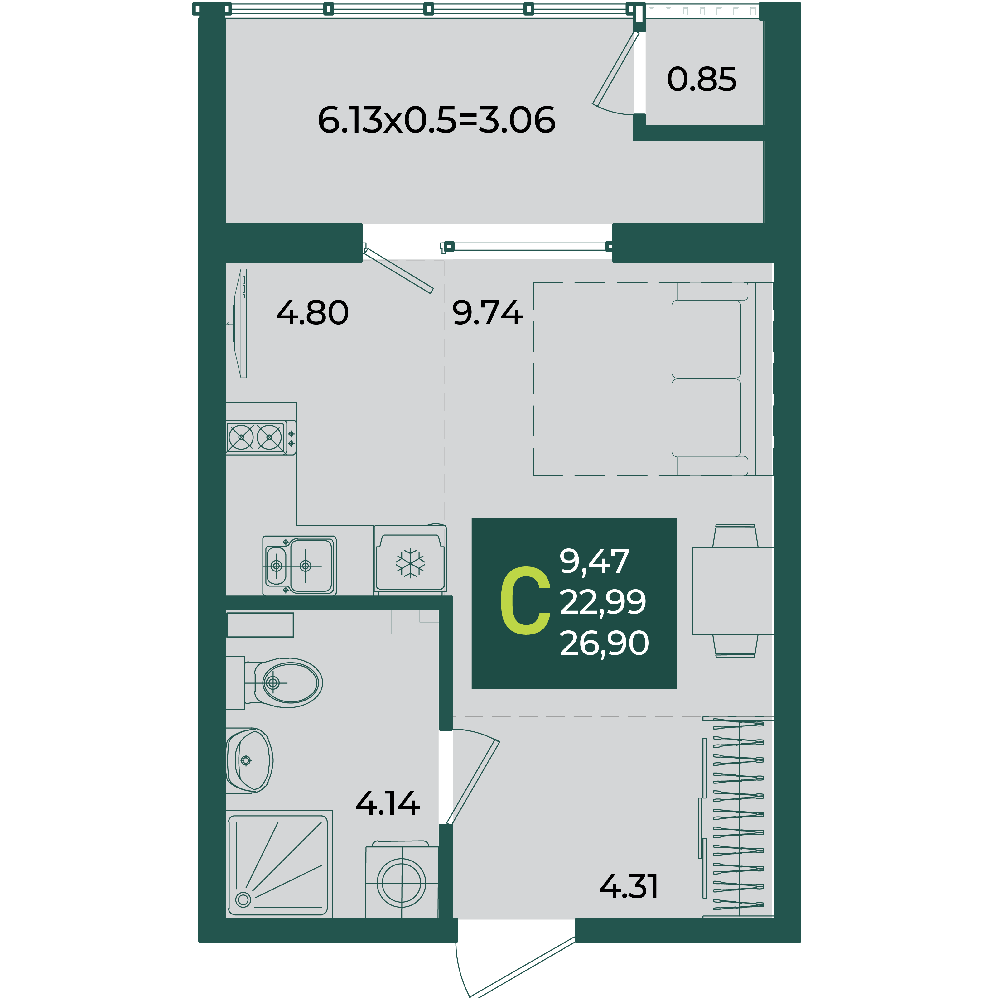 Планировка Студия 26,9 м²