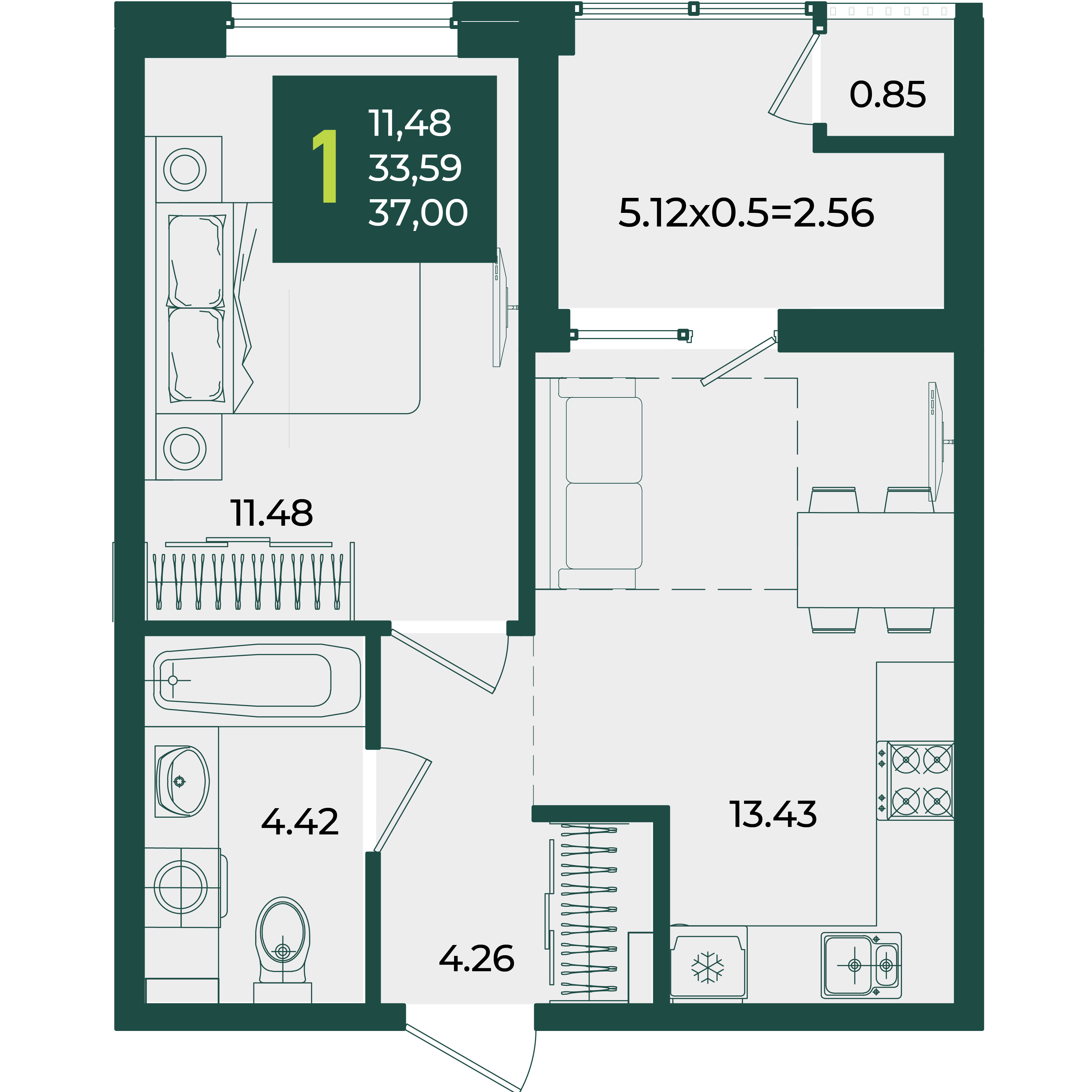 Планировка 1-комнатная 37 м²