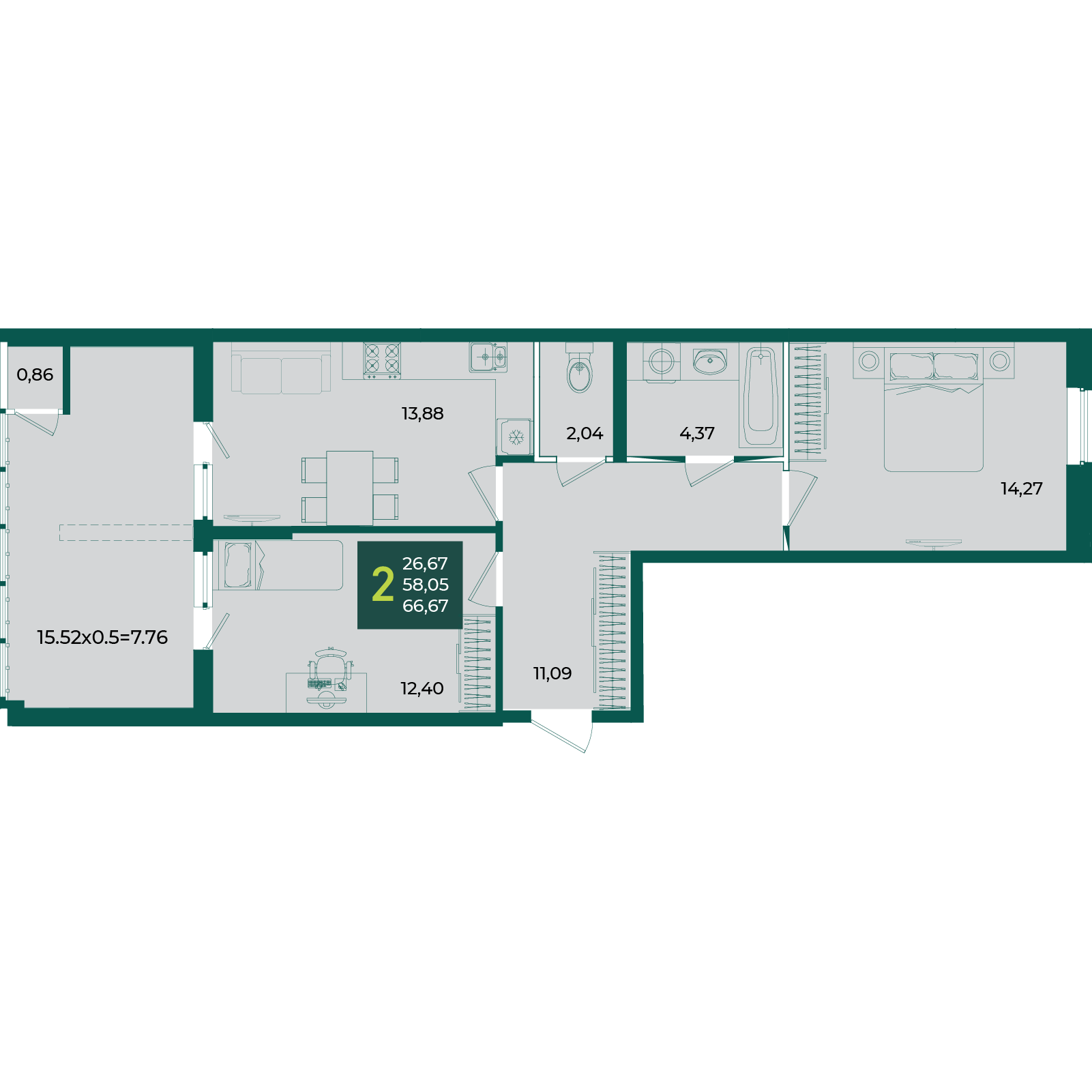 Планировка: 2-комн. квартира 66,7 м²