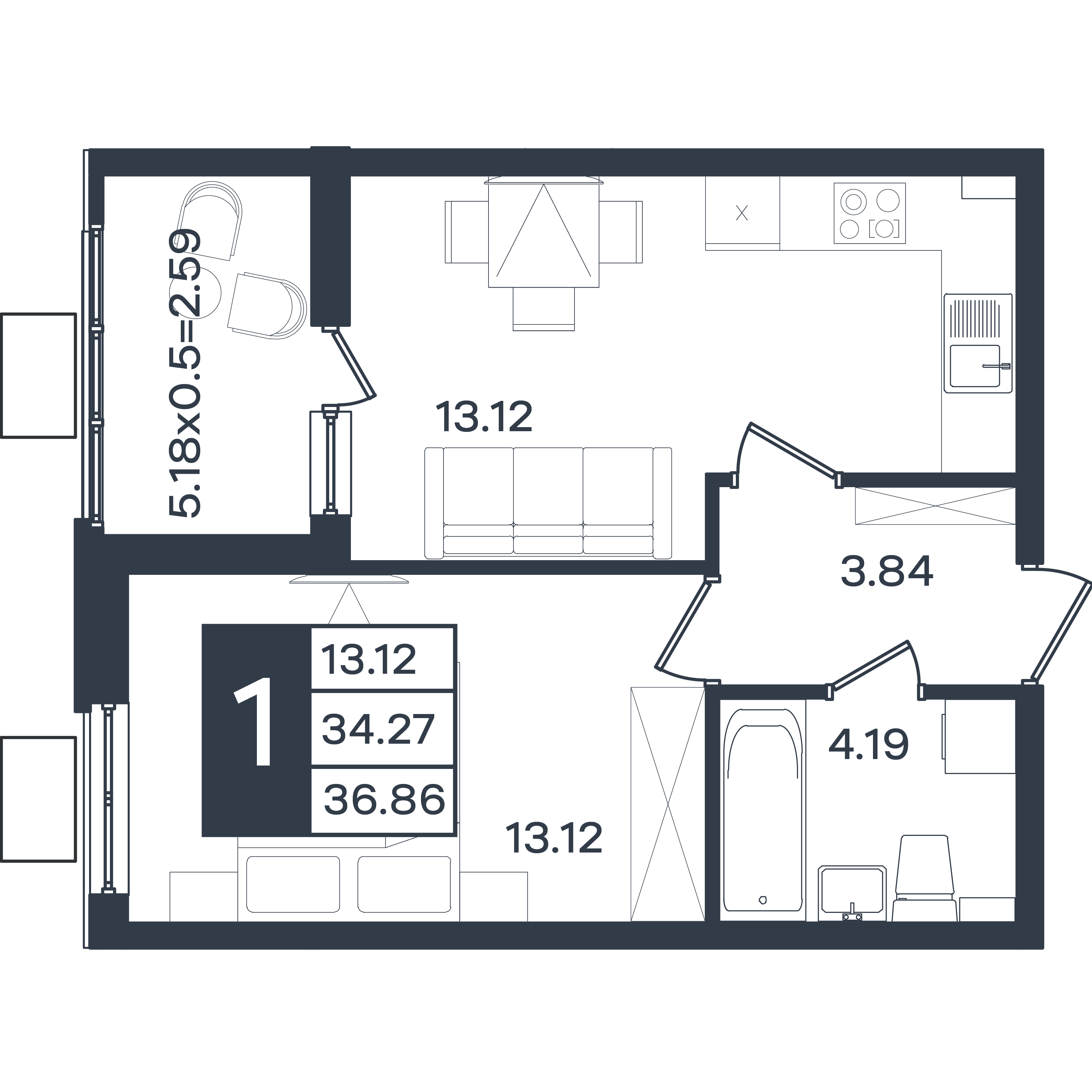 Планировка: 1-комн. квартира 36,9 м²