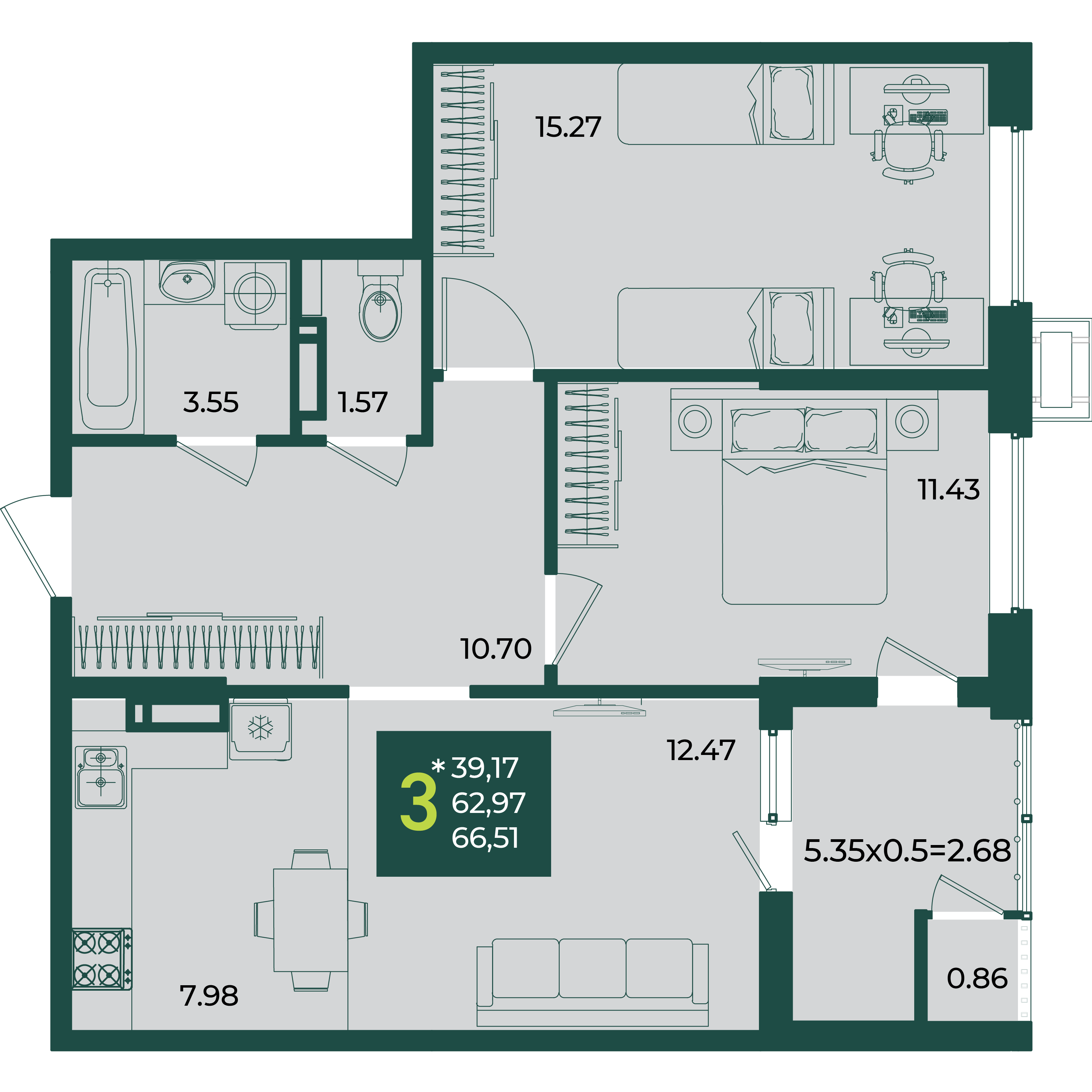 Планировка 3-комнатная 66,51 м²