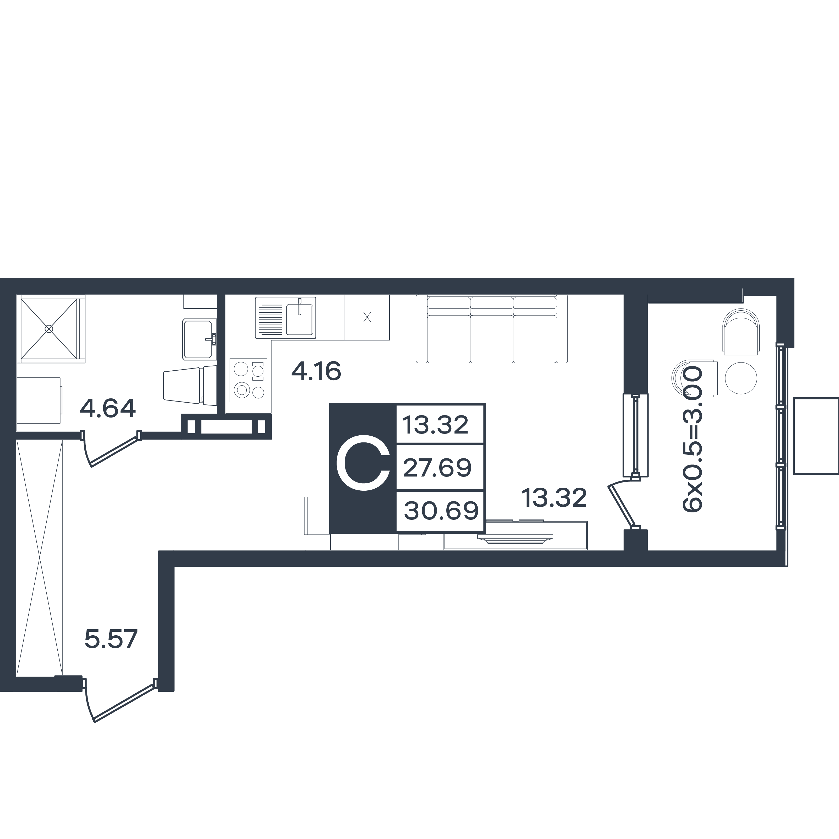 Планировка: Студия 30,7 м²