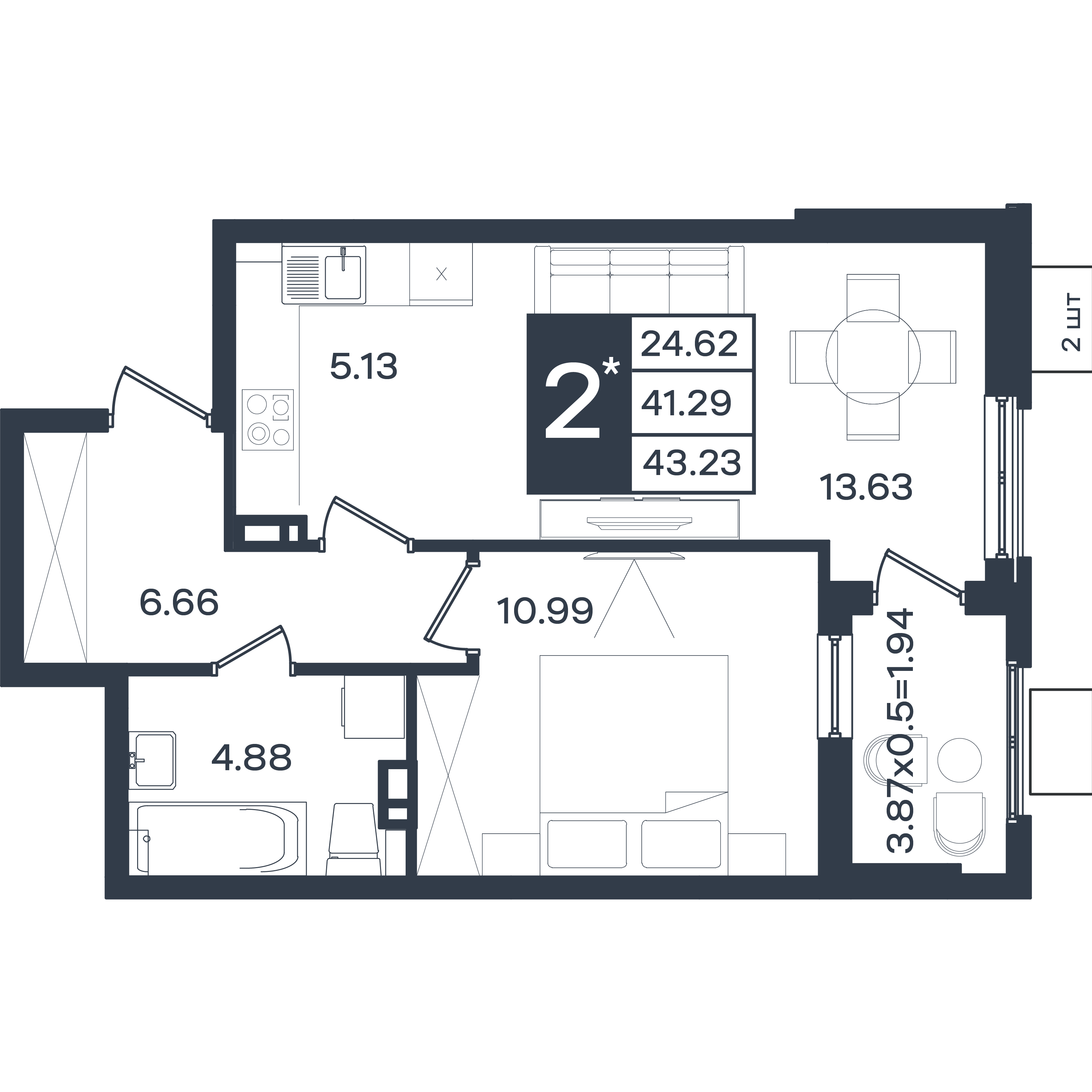 Планировка 2-комнатная 43,23 м²