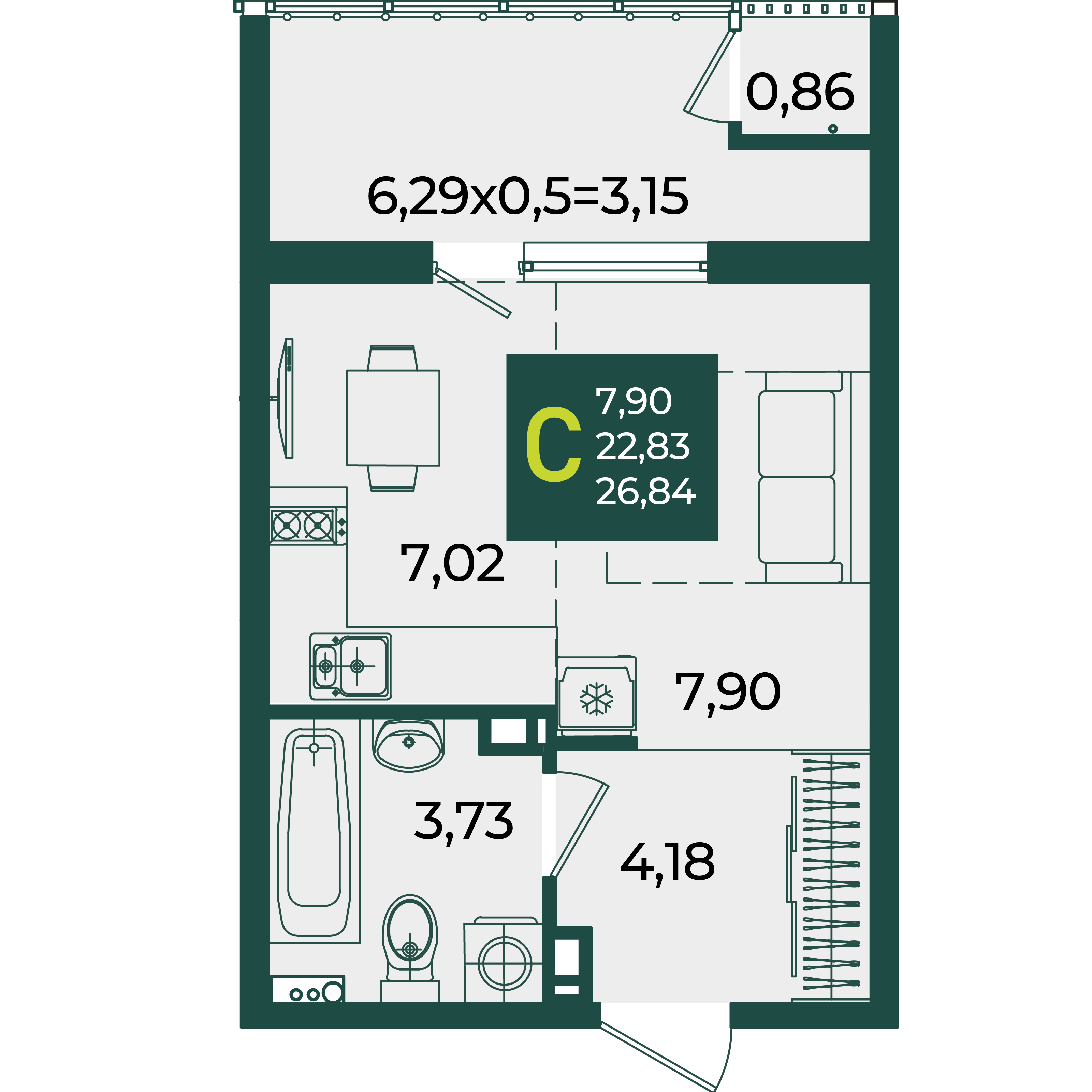 Планировка: Студия 26,8 м²