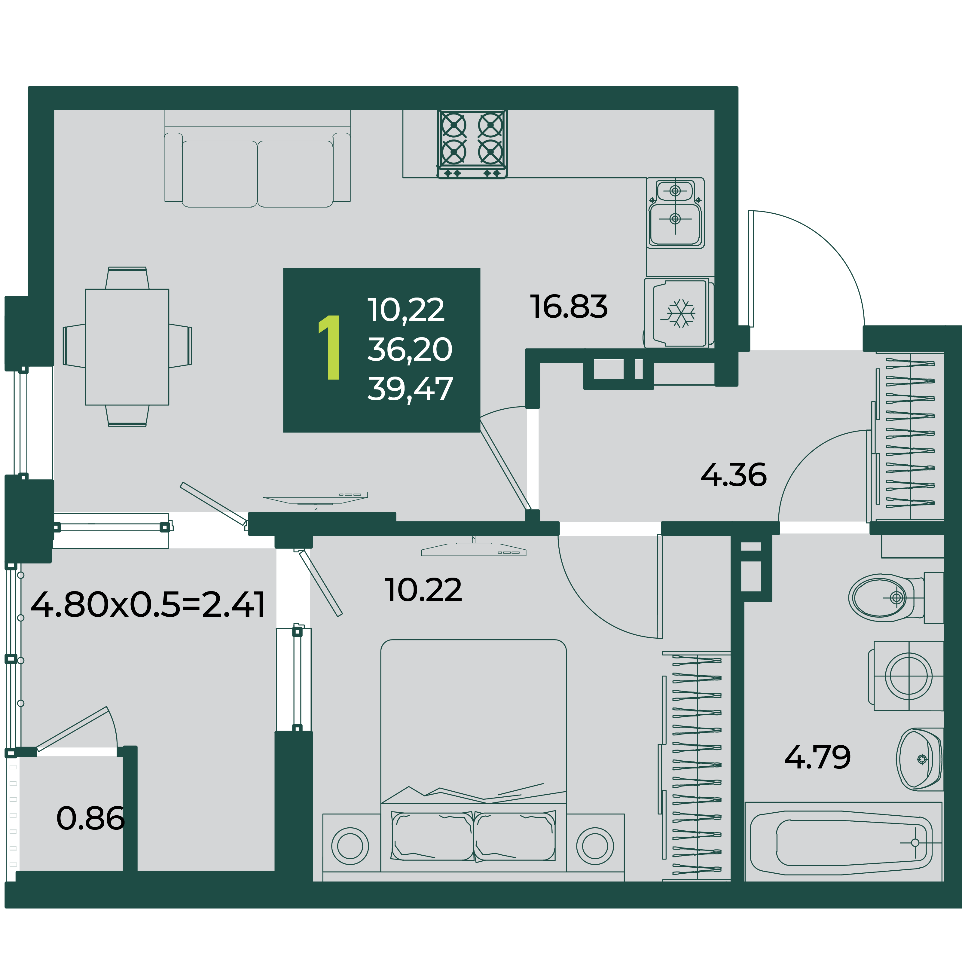 Планировка 1-комнатная 39,47 м²