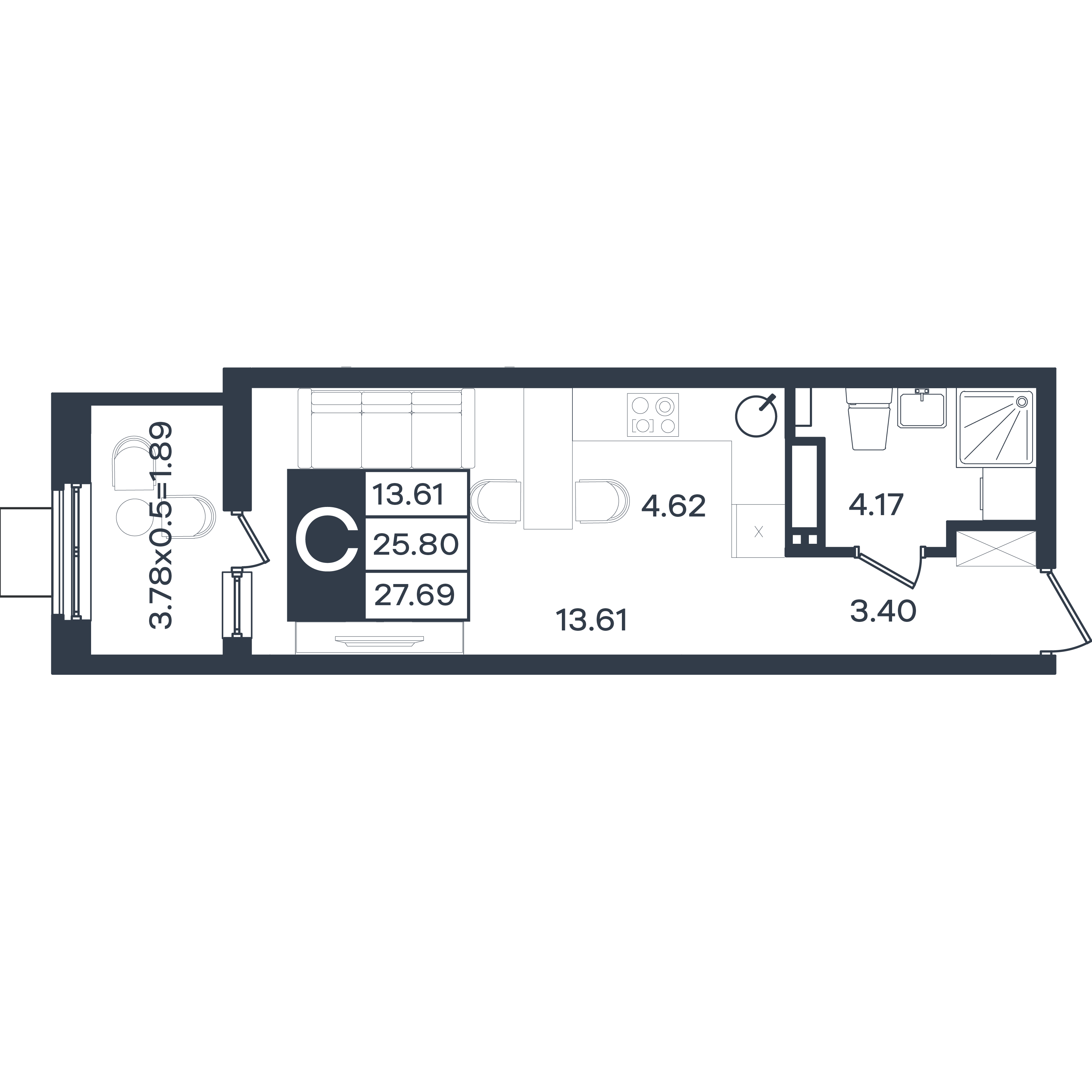 Планировка Студия 27,69 м²