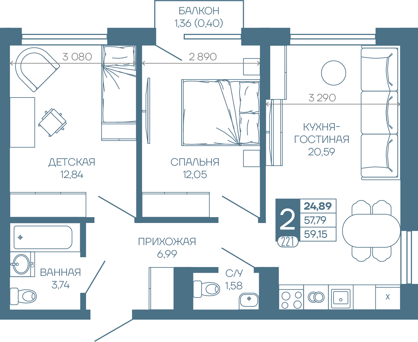 Планировка: 2-комн. квартира 58,2 м²