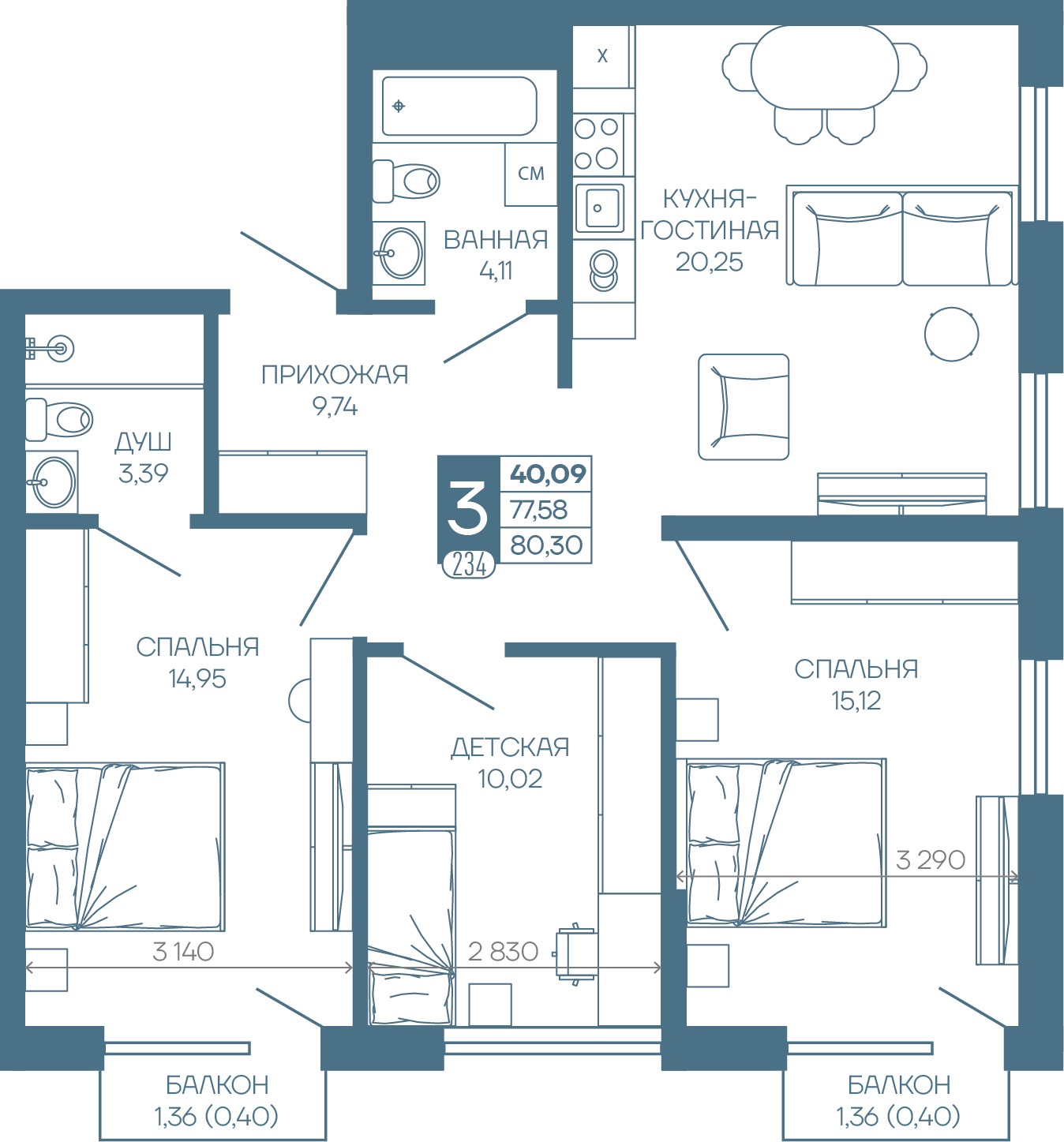 Планировка 3-комнатная 78,38 м²