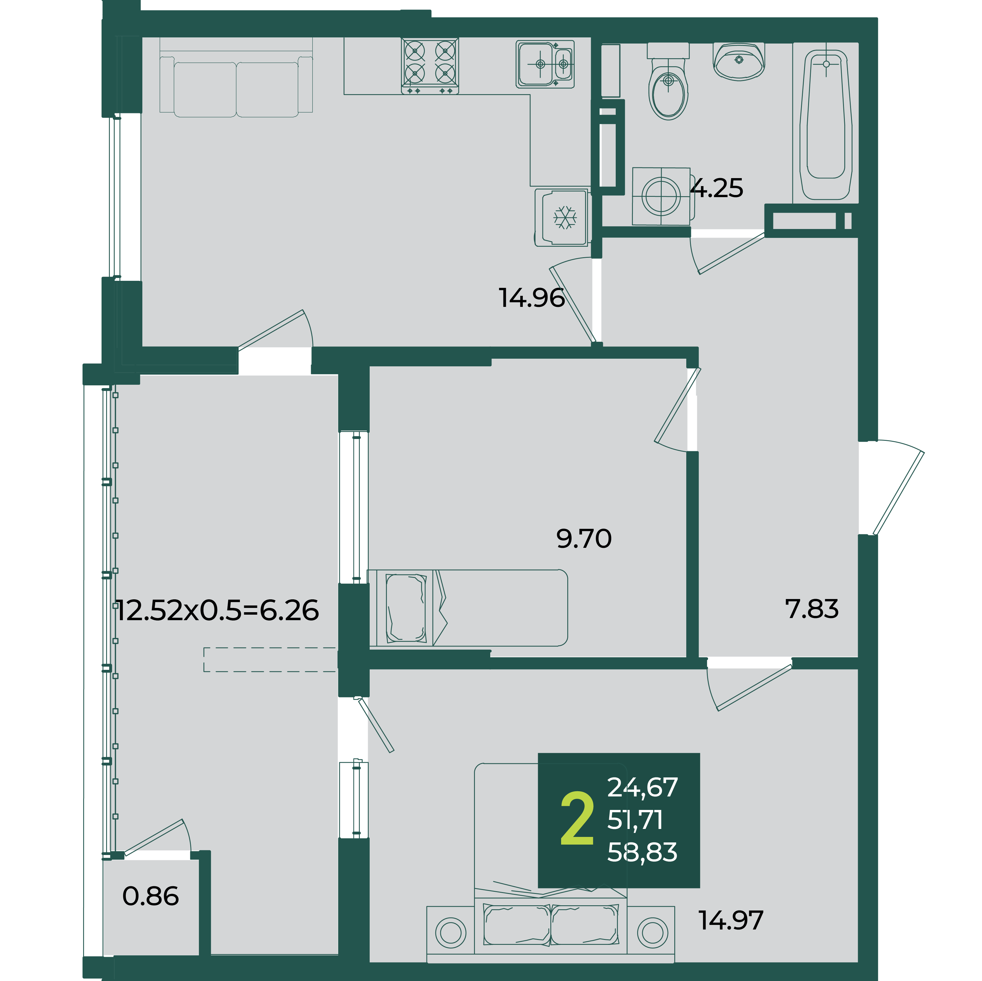 Планировка 2-комнатная 58,83 м²