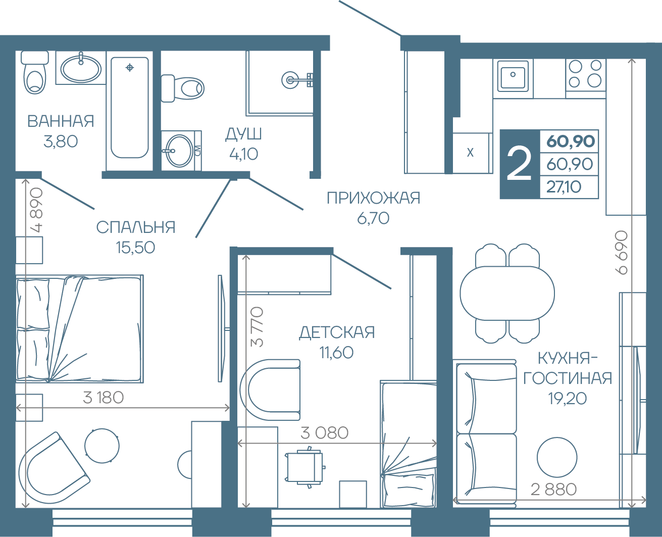 Планировка 2-комнатная 60,9 м²