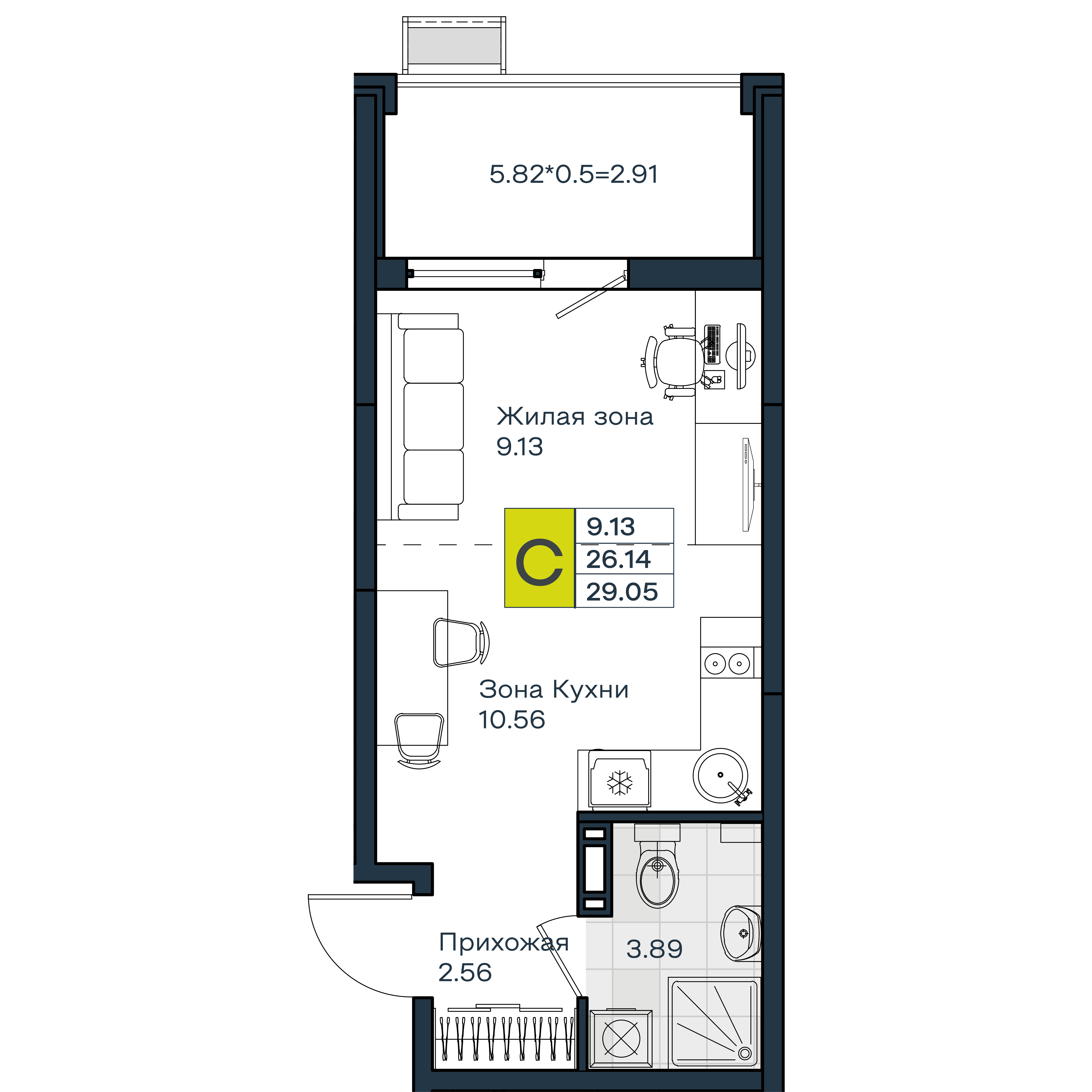Планировка Студия 29,05 м²