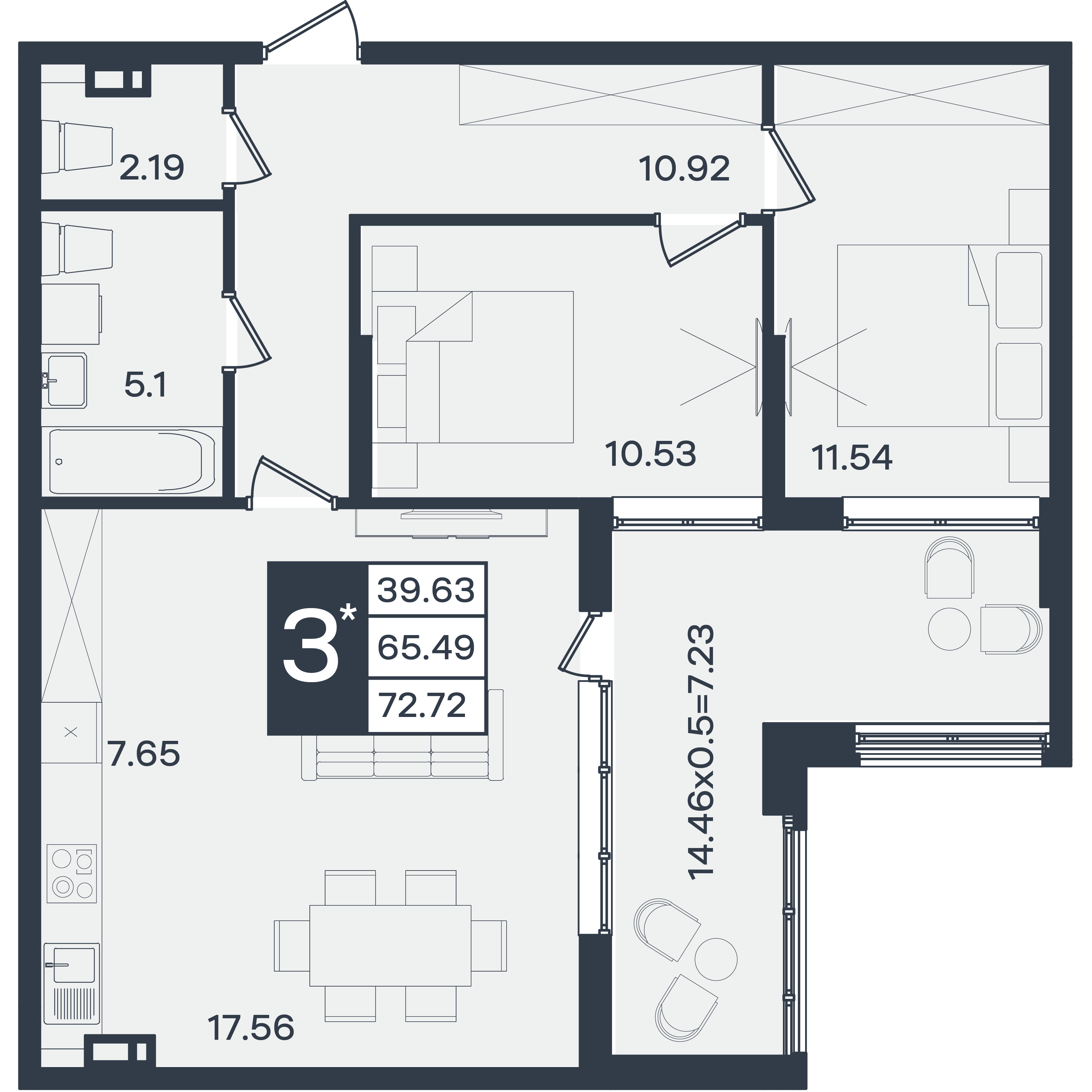 Планировка 3-комнатная 72,72 м²