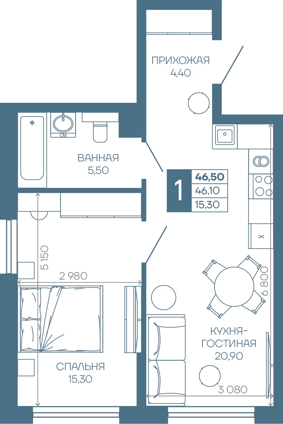 Планировка 1-комнатная 46,1 м²
