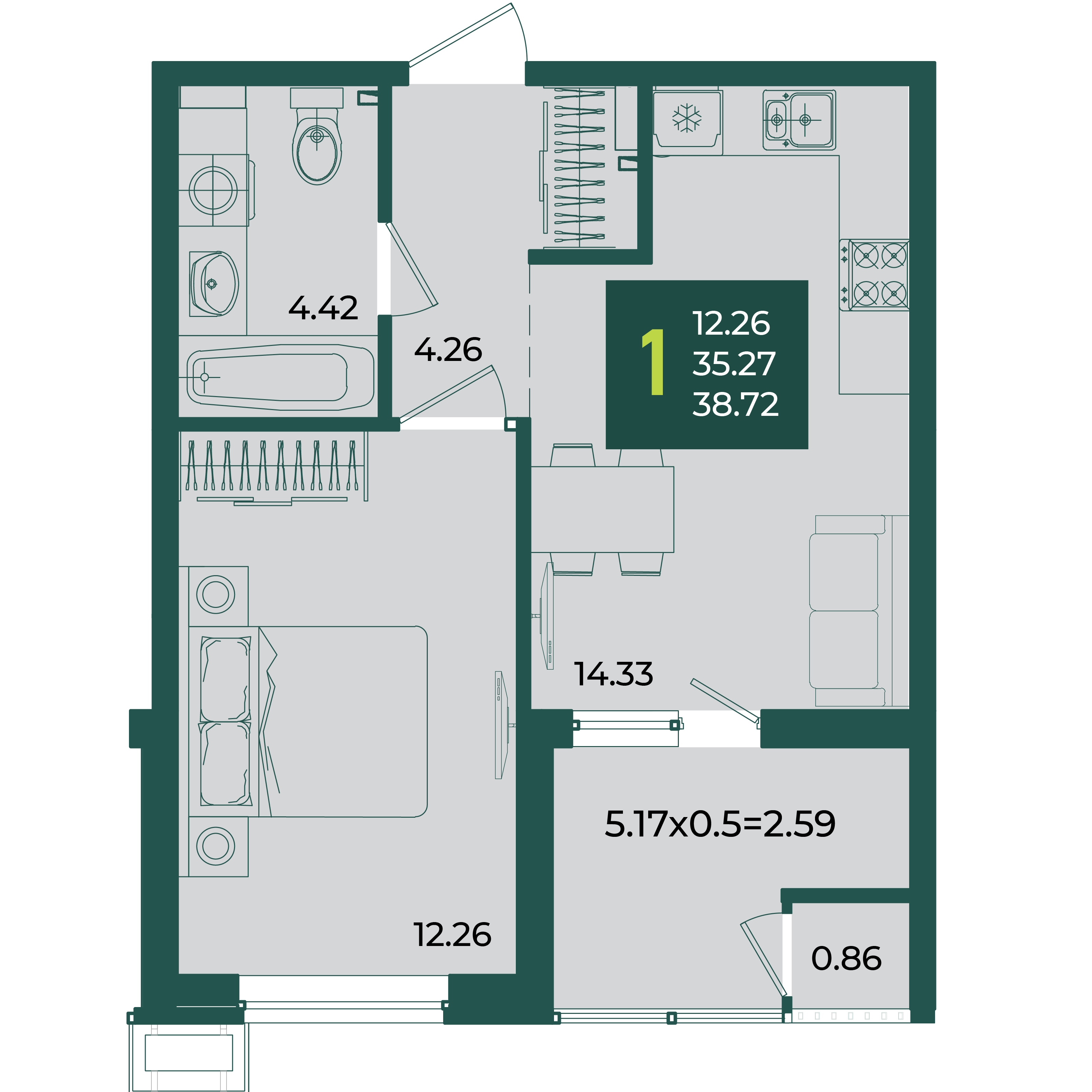 Планировка 1-комнатная 38,72 м²