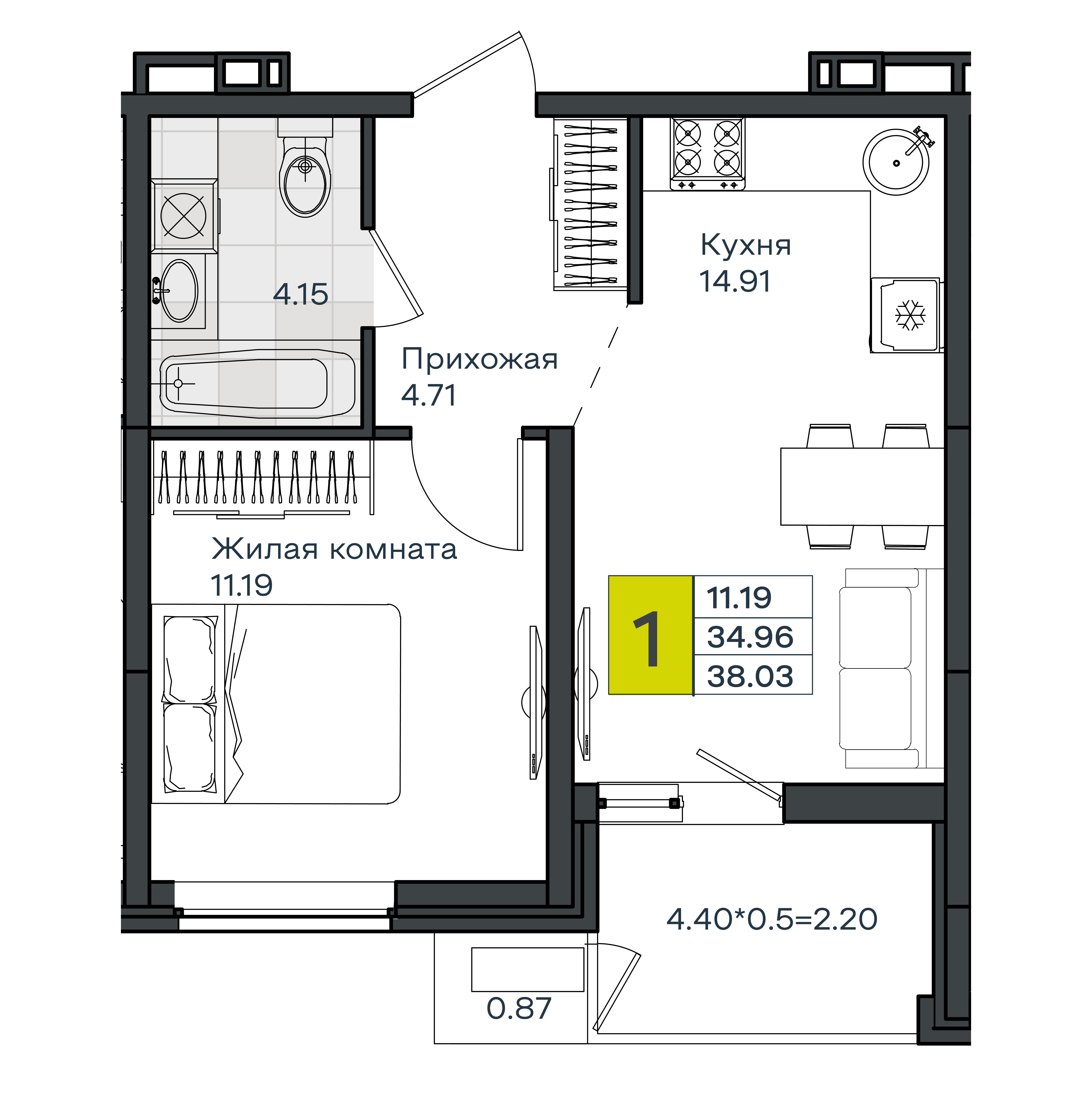 Планировка 1-комнатная 38,03 м²