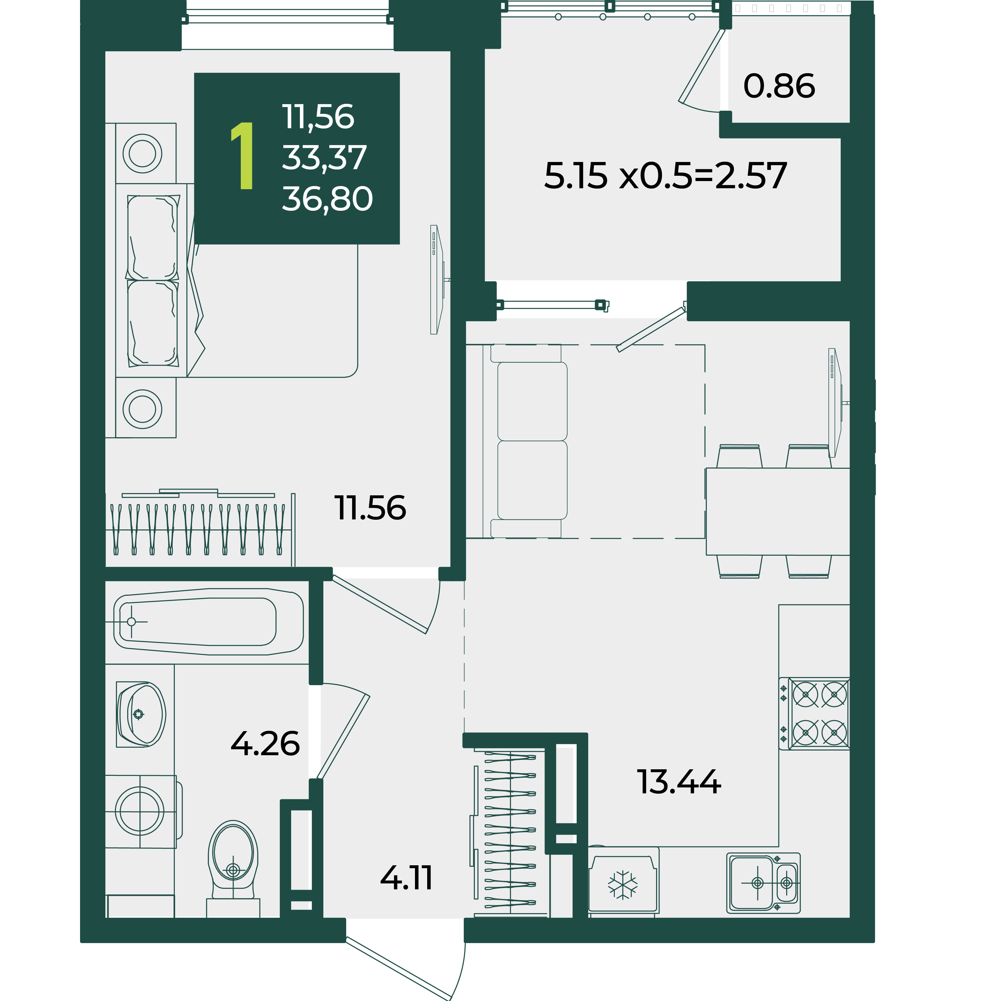 Планировка: 1-комн. квартира 36,8 м²
