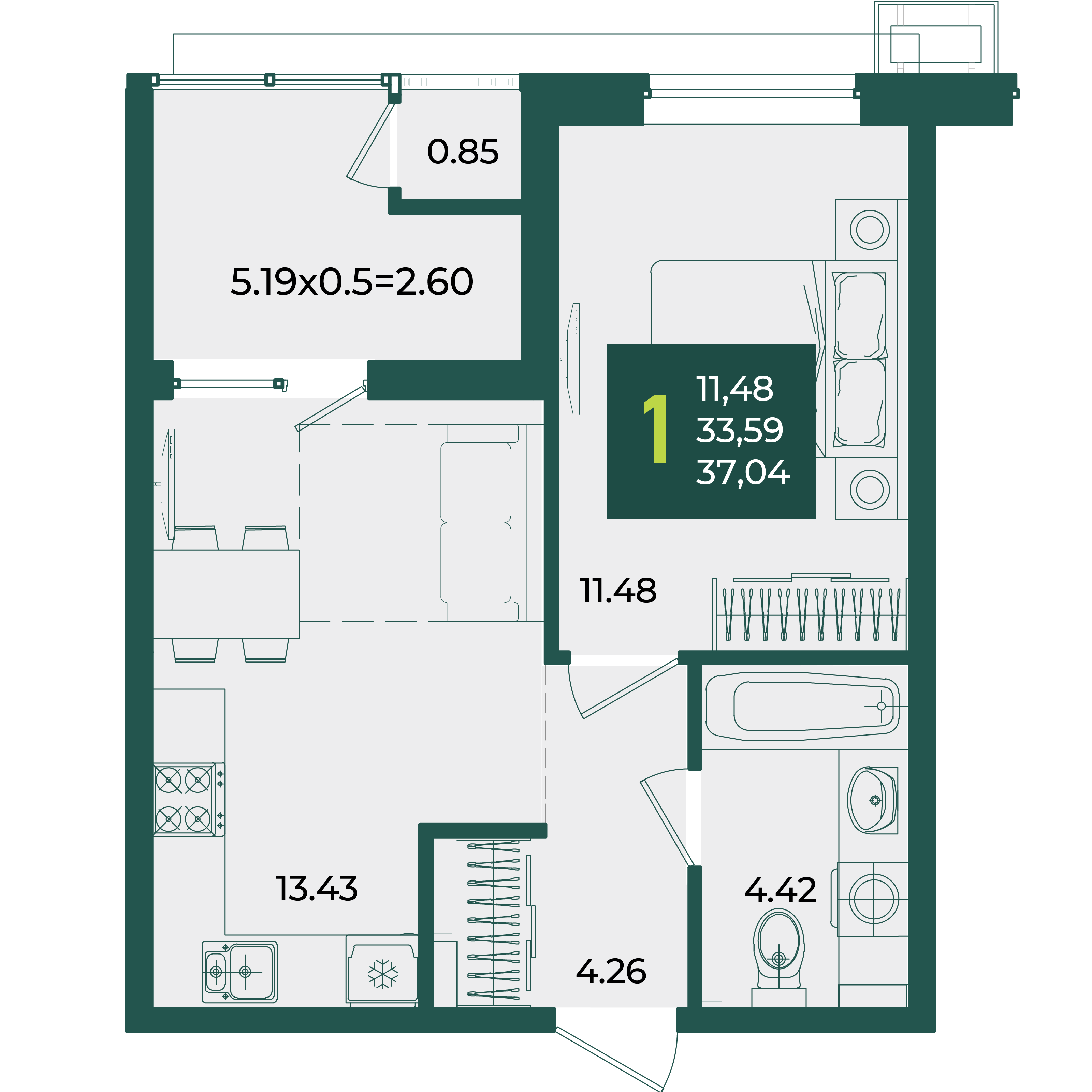 Планировка 1-комнатная 37,04 м²
