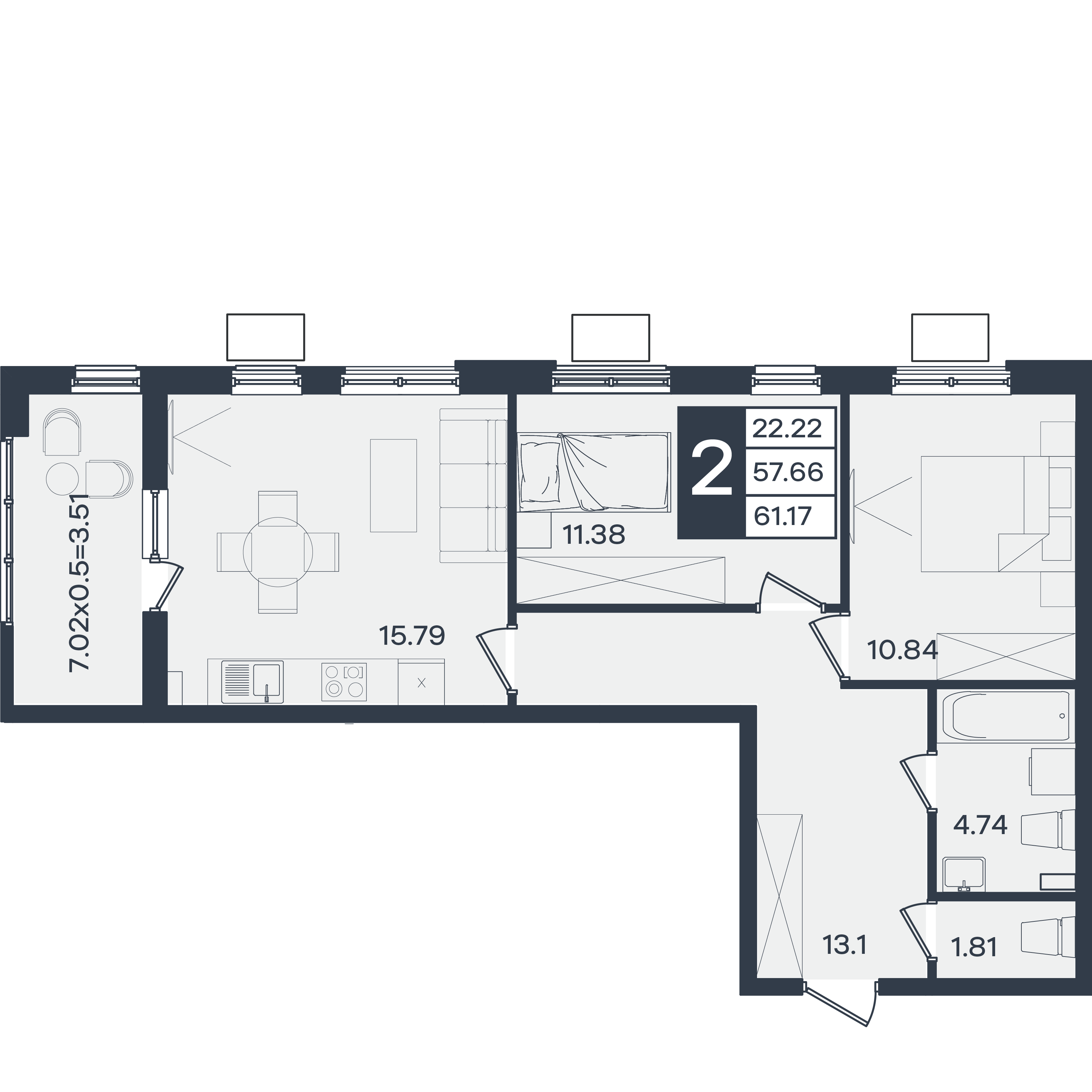 Планировка: 2-комн. квартира 61,2 м²