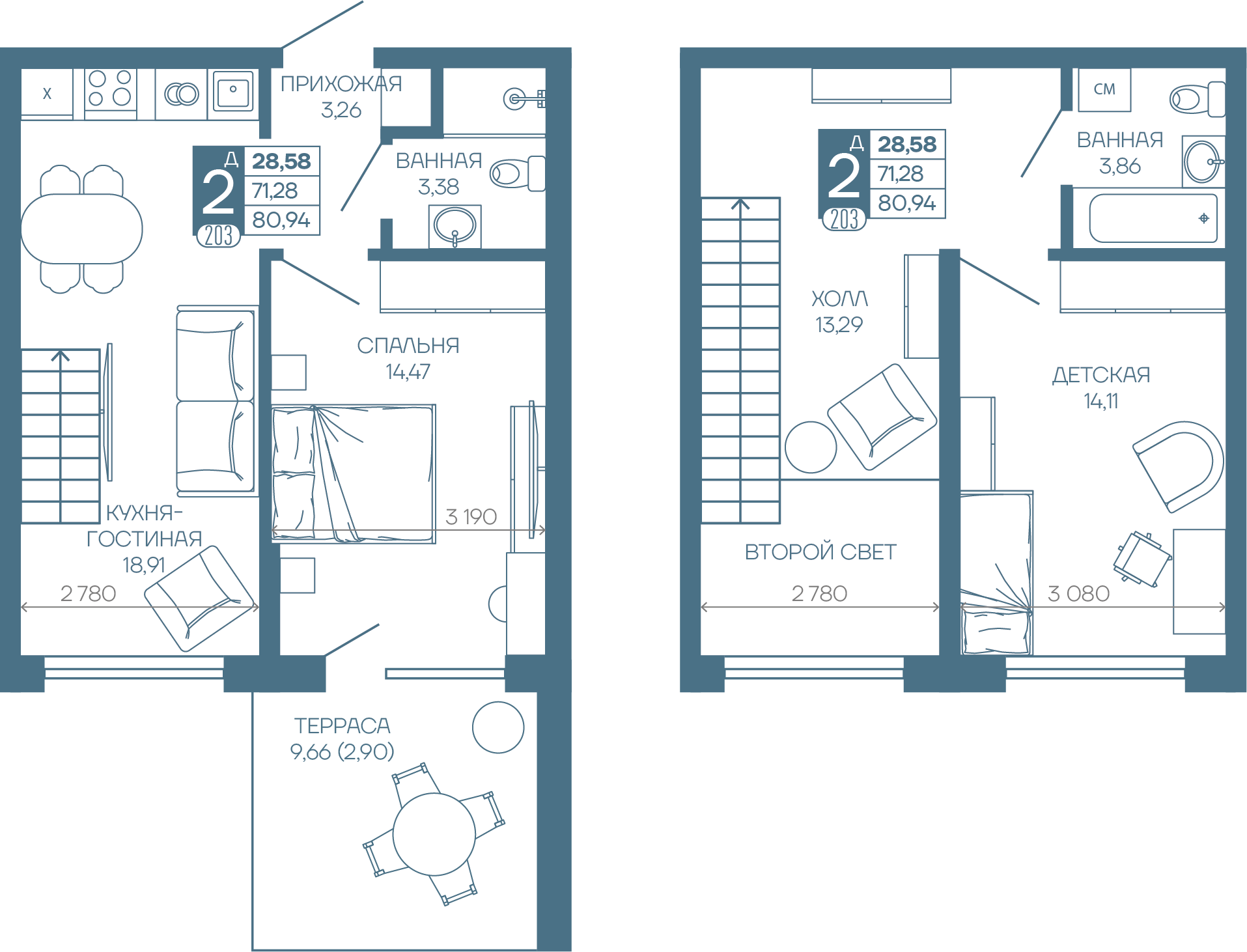 Планировка 2-комнатная 74,18 м²