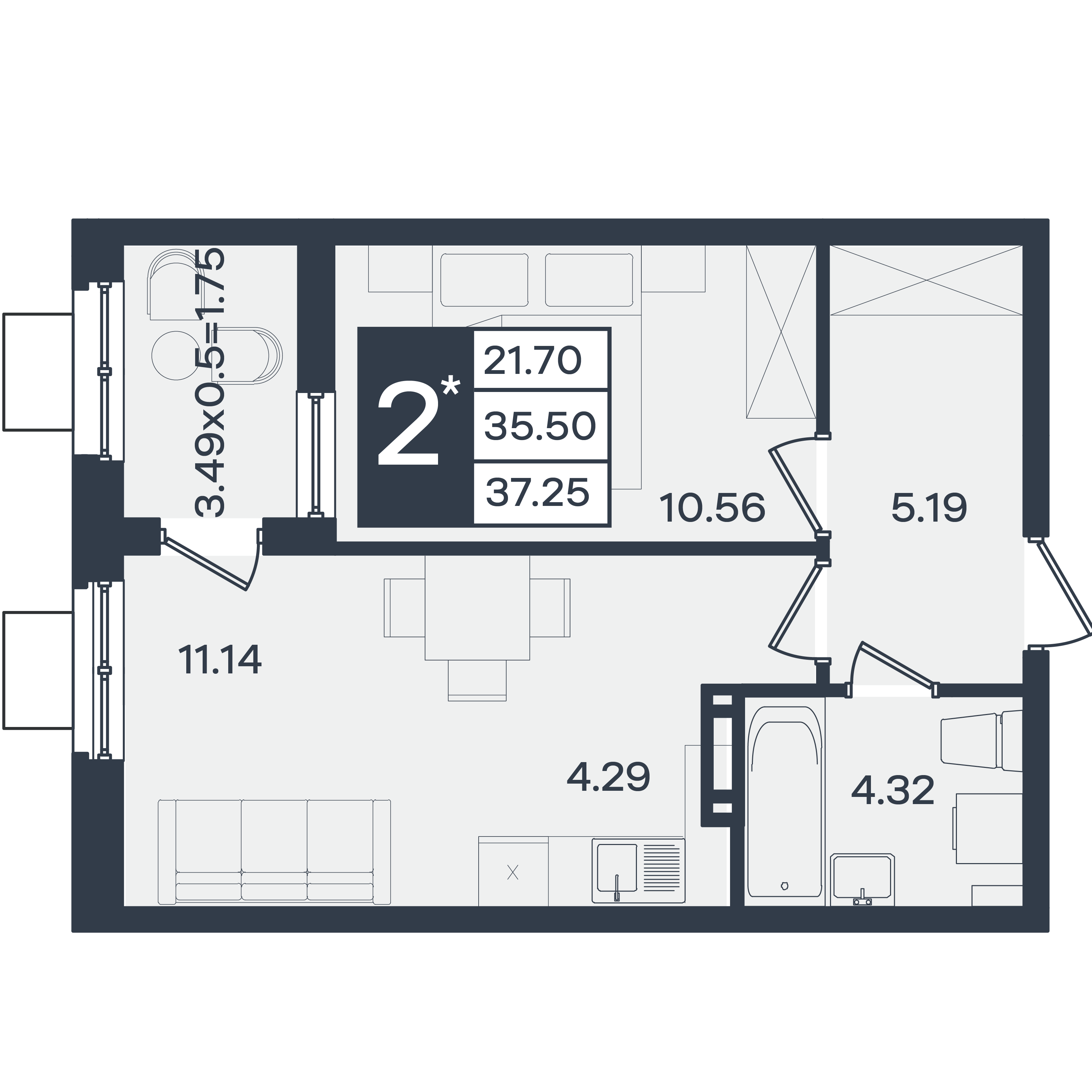 Планировка 2-комнатная 37,25 м²